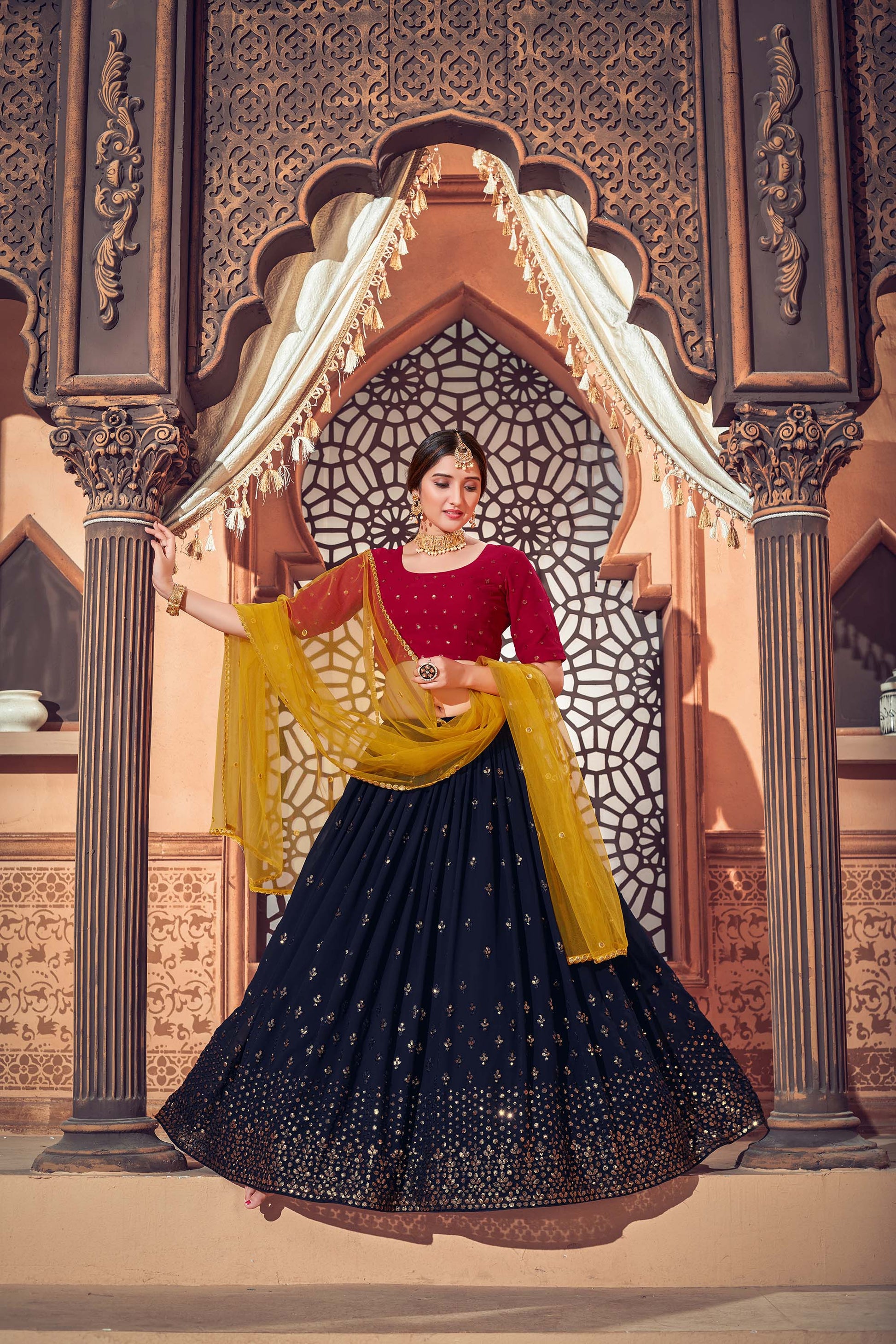 Navy Blue Color Georgette Lehenga