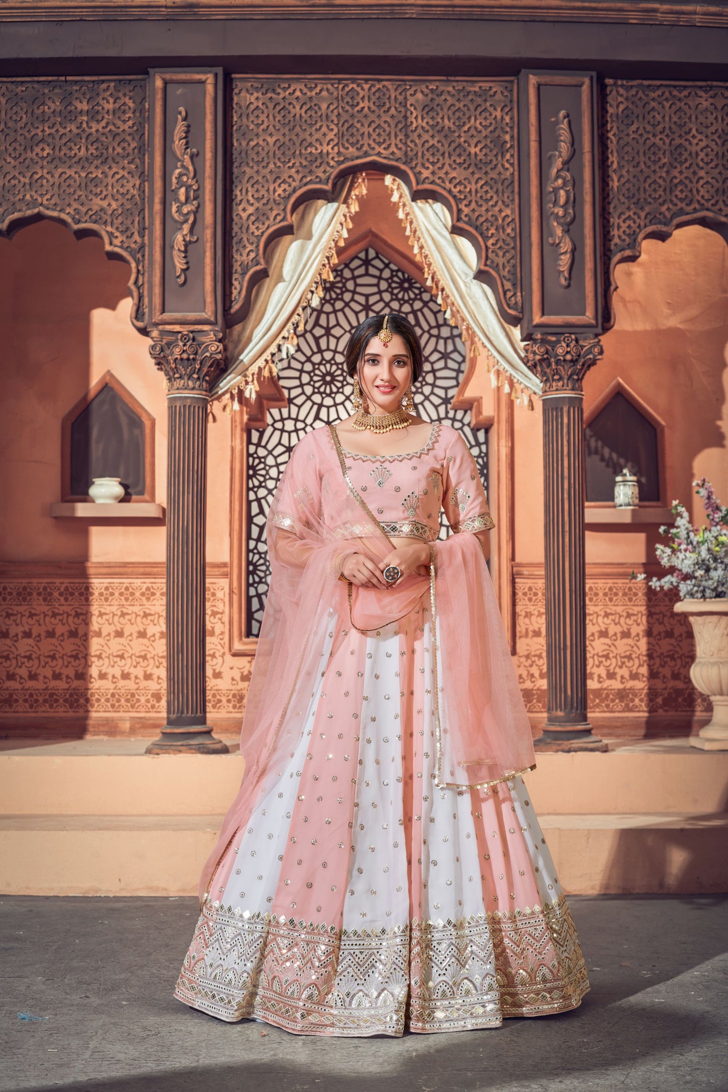 Multicolor Pink Georgette Embroidered Lehenga Set