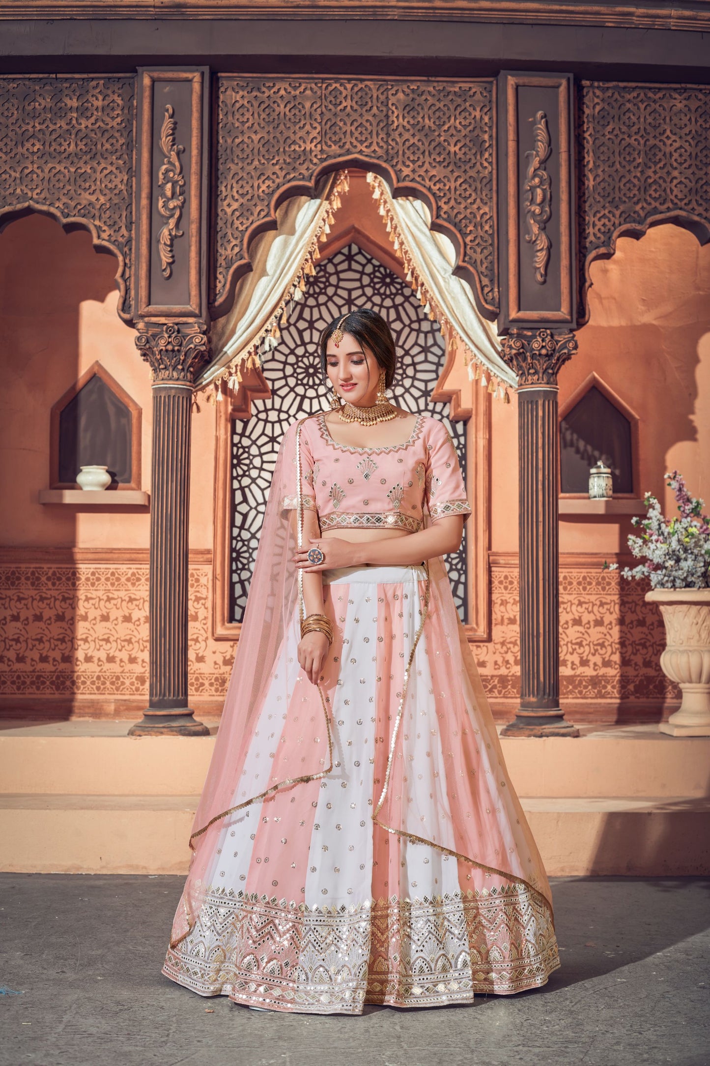 Multicolor Pink Georgette Embroidered Lehenga Set