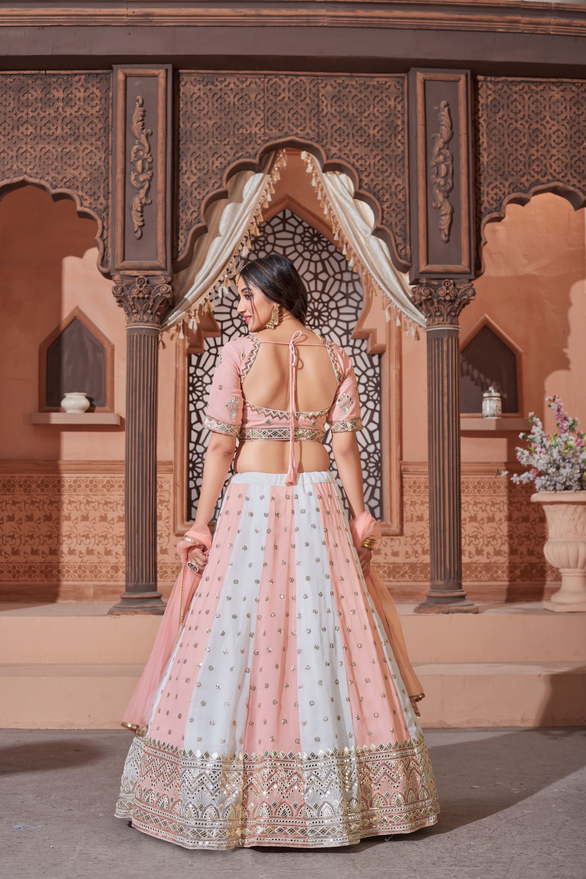 Multicolor Pink Georgette Embroidered Lehenga Set