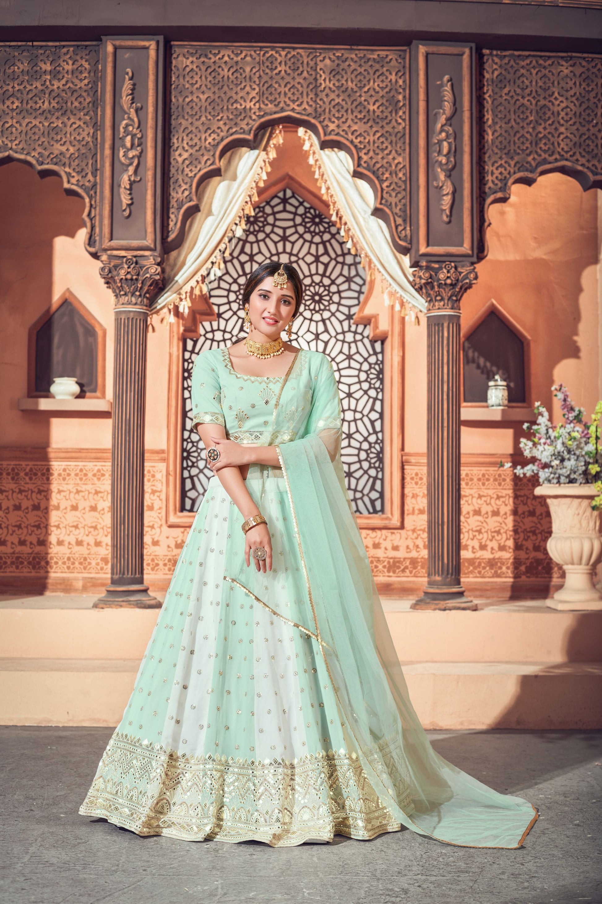 Pista Green Georgette Embroidered Lehenga for Mehendi 1726a