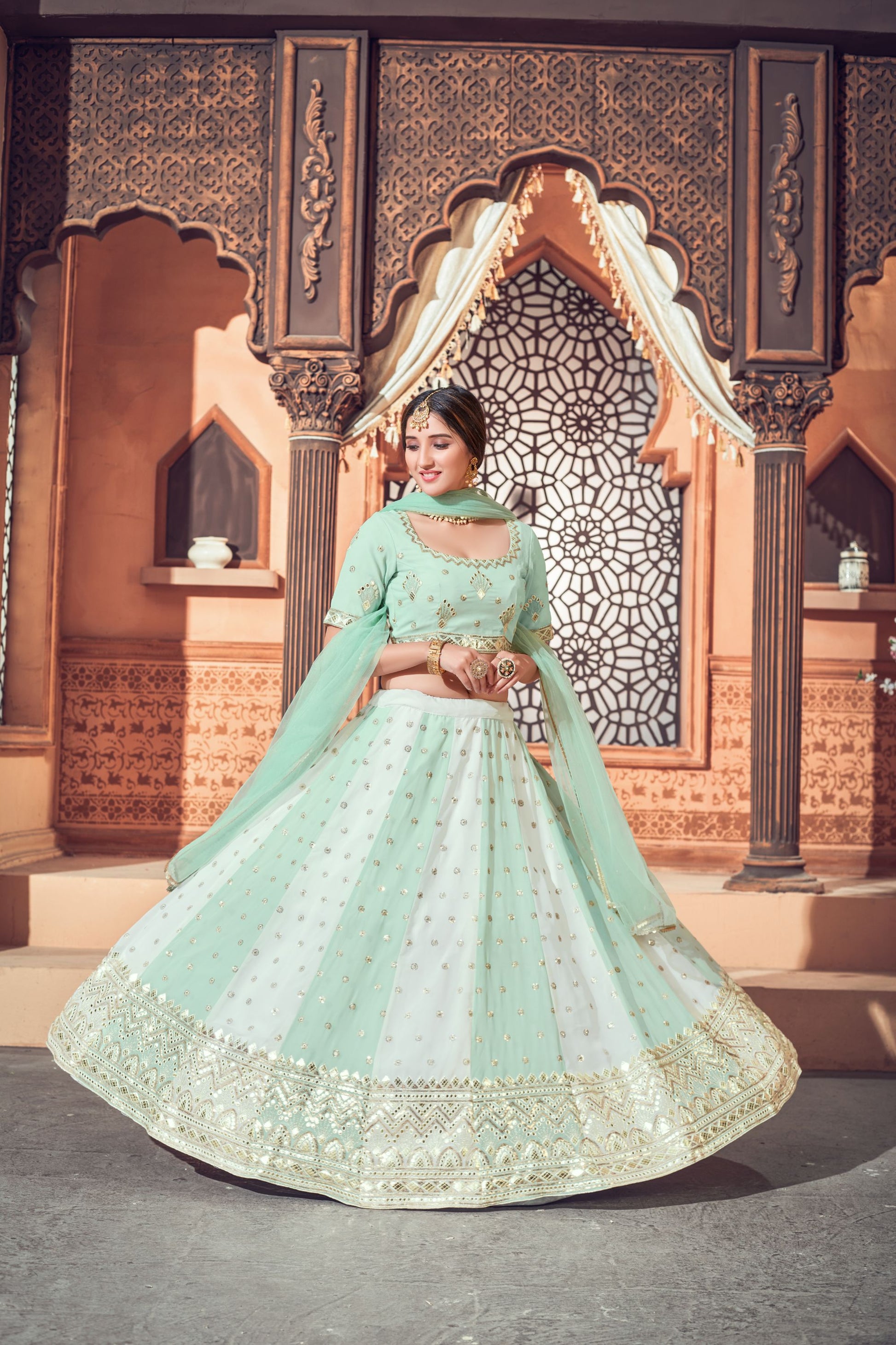 Pista Green Georgette Embroidered Lehenga for Mehendi 1726a