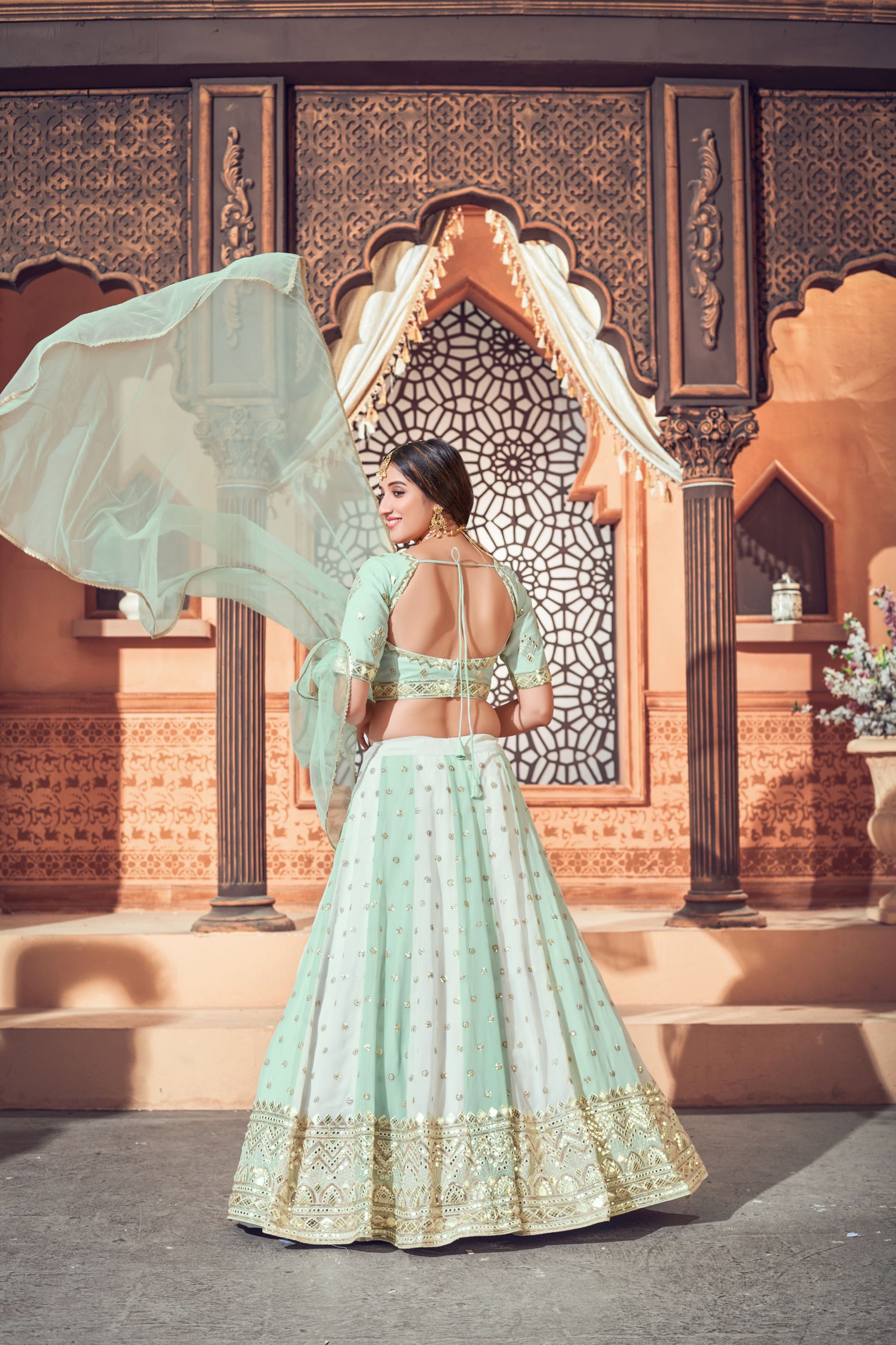 Pista Green Georgette Embroidered Lehenga for Mehendi 1726a