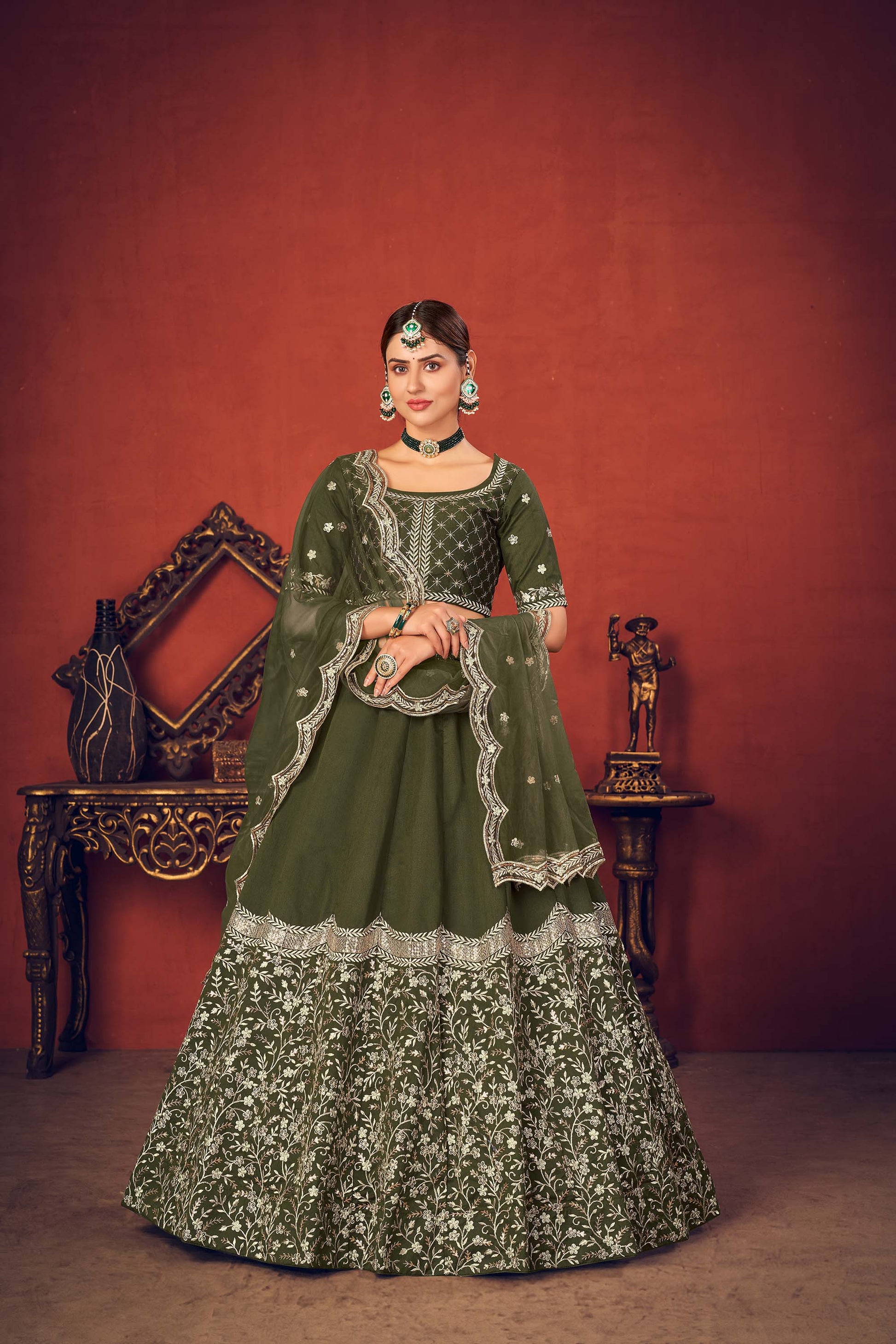 Green Thread Embroidered Art Silk Lehenga Choli