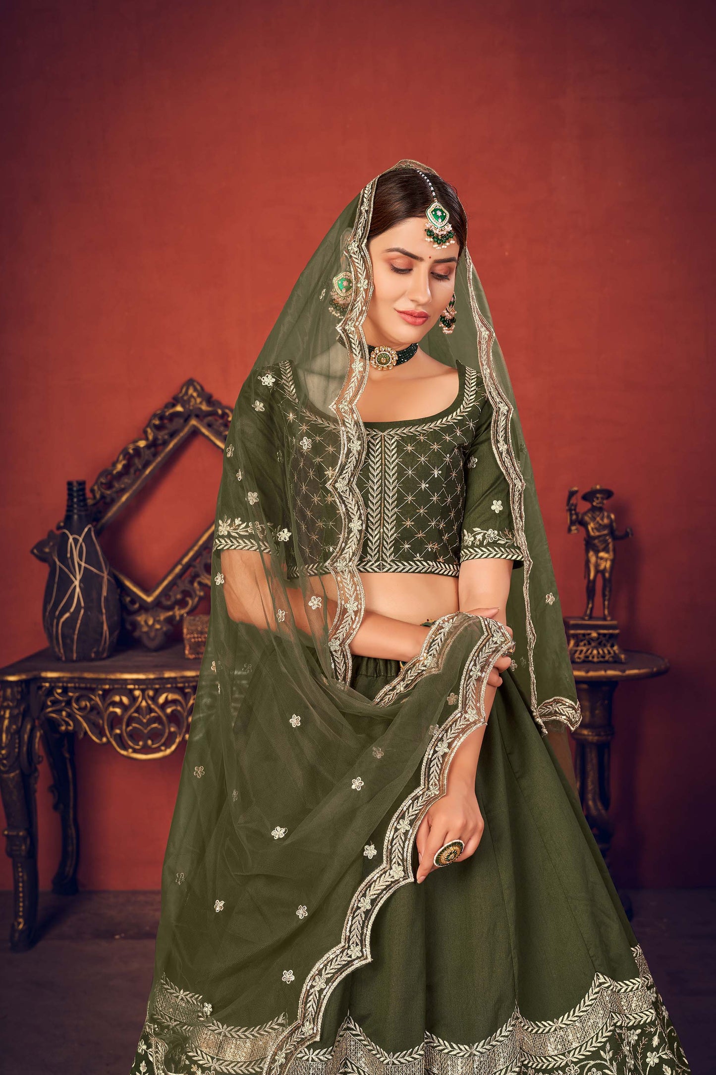 Green Thread Embroidered Art Silk Lehenga Choli