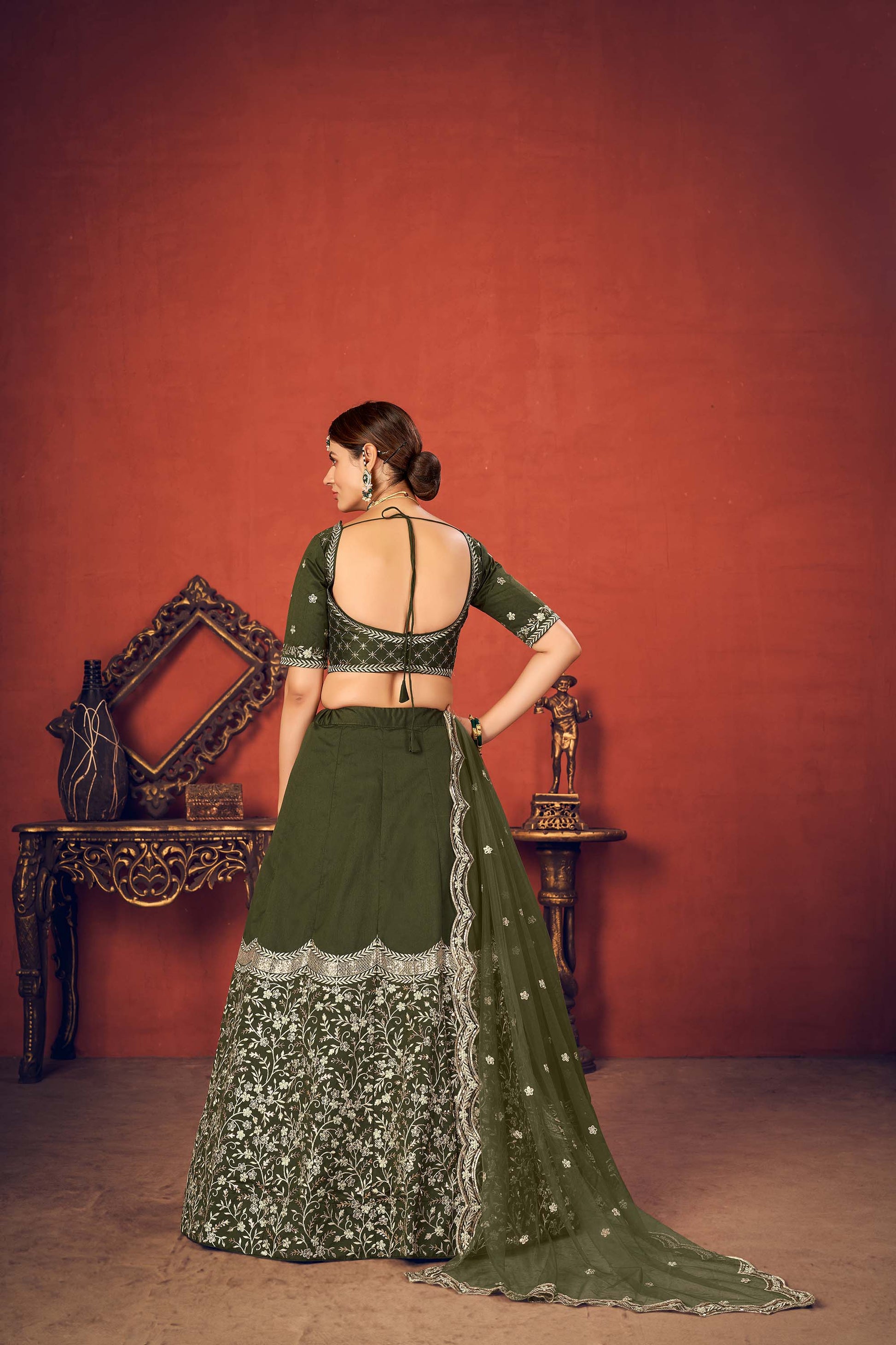 Green Thread Embroidered Art Silk Lehenga Choli