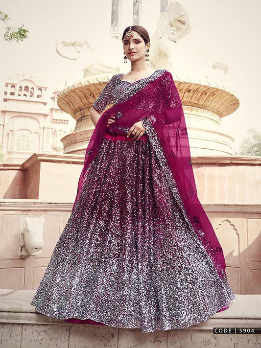    Wine Soft Net Sequin Work Lehenga - Glamou  al