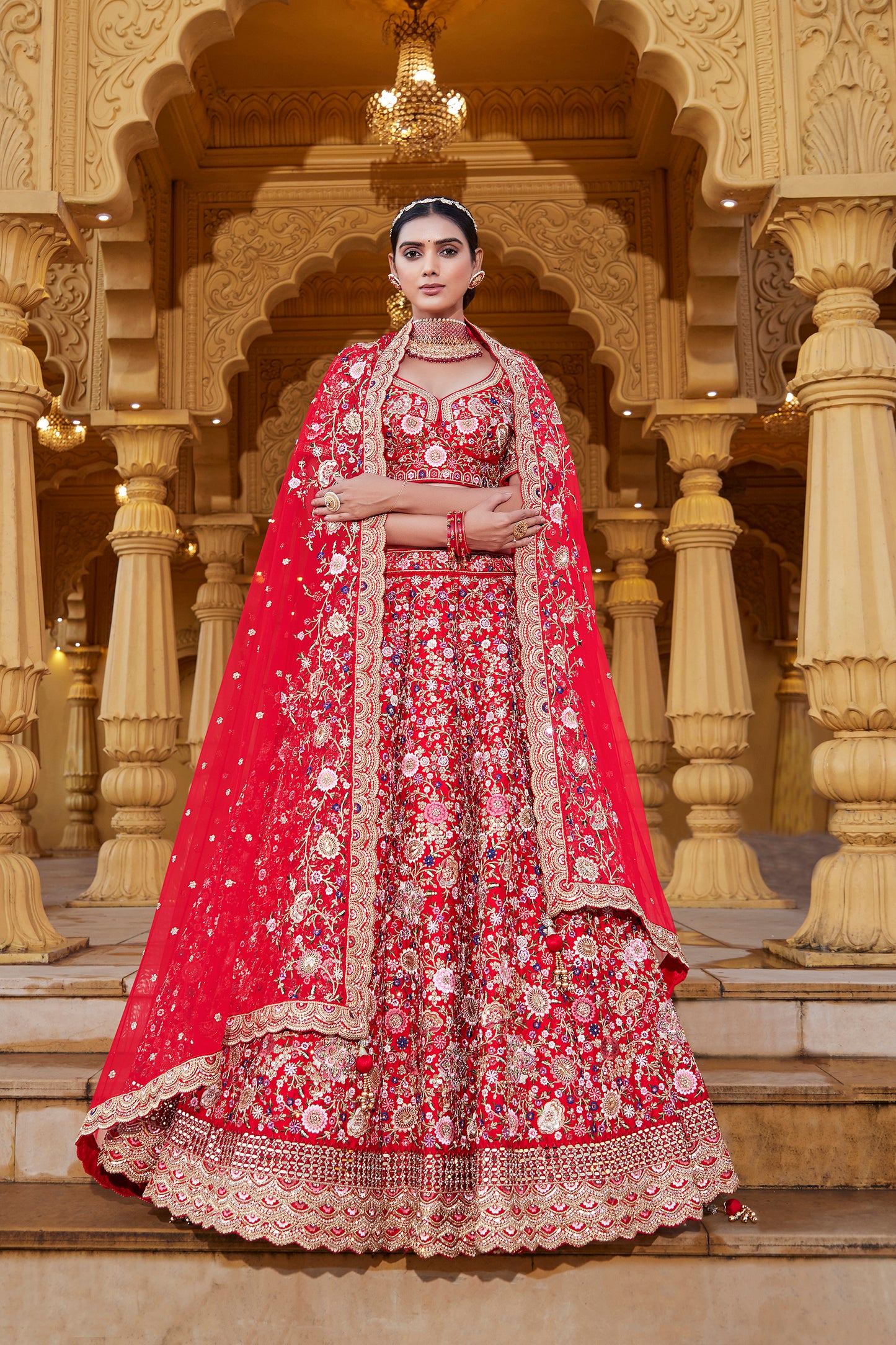 Marvelous Pure Red Silk Bridal Lehenga