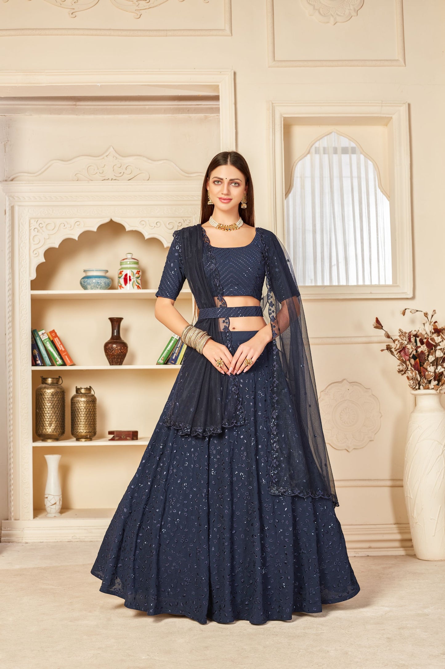 Navy Blue Georgette Partywear Lehenga Set