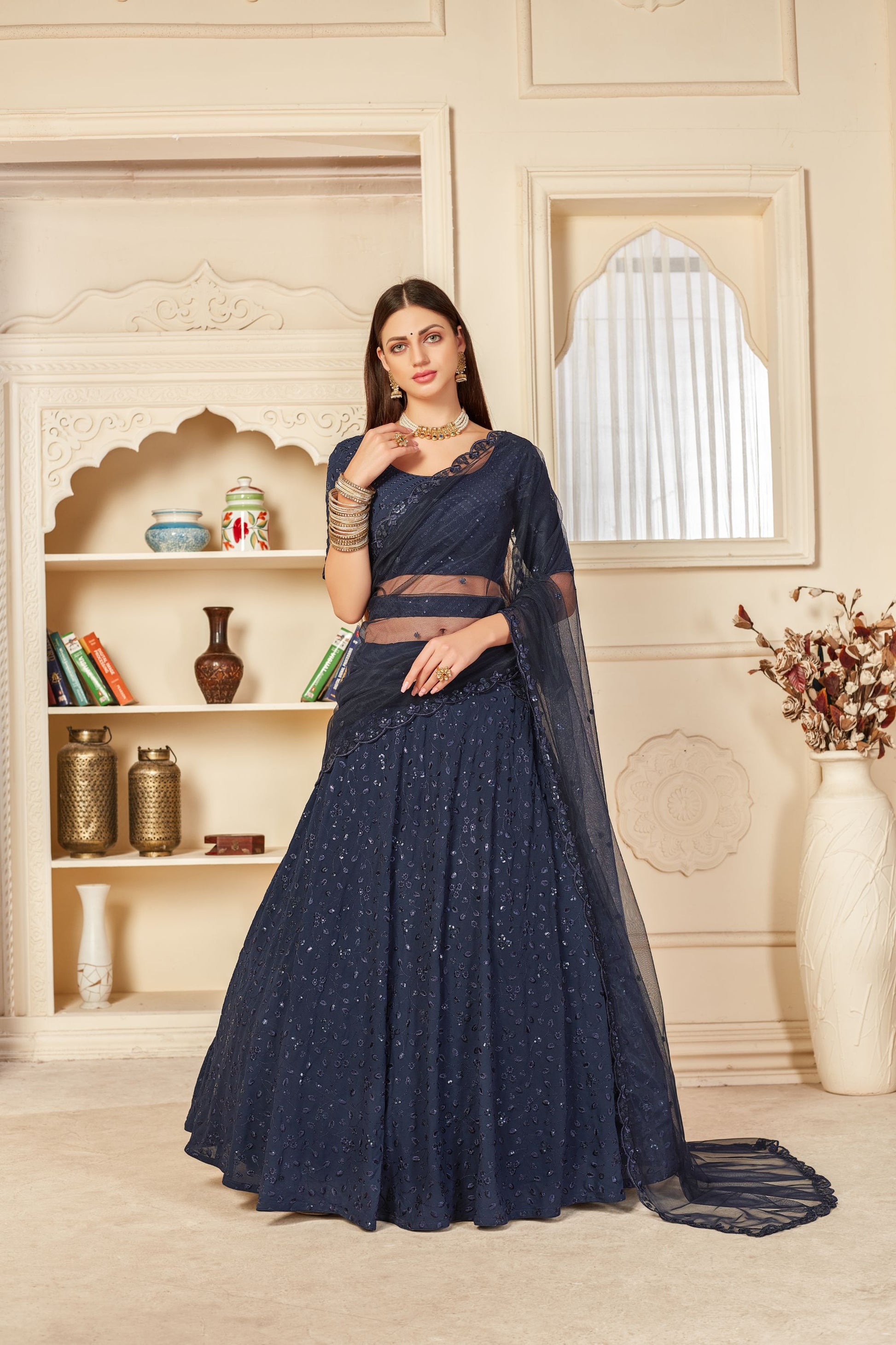 Navy Blue Georgette Partywear Lehenga Set