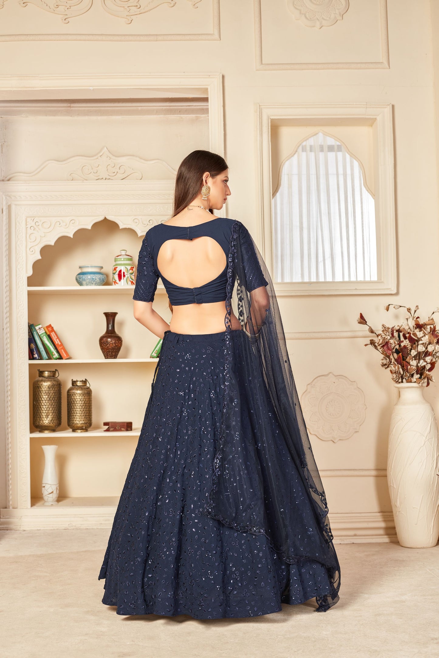 Navy Blue Georgette Partywear Lehenga Set