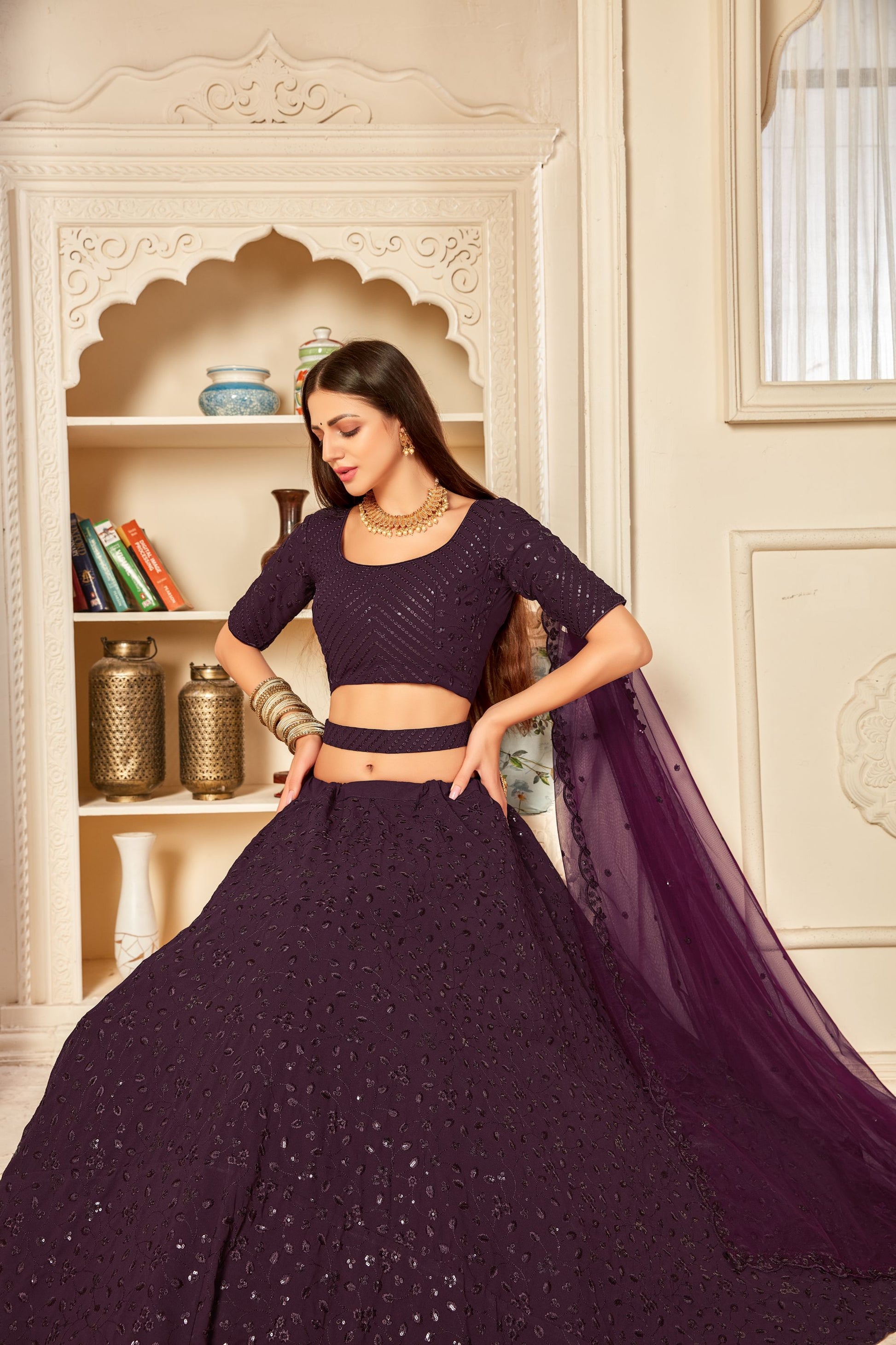 Purple Georgette Partywear Wedding Guest Lehenga 1803a