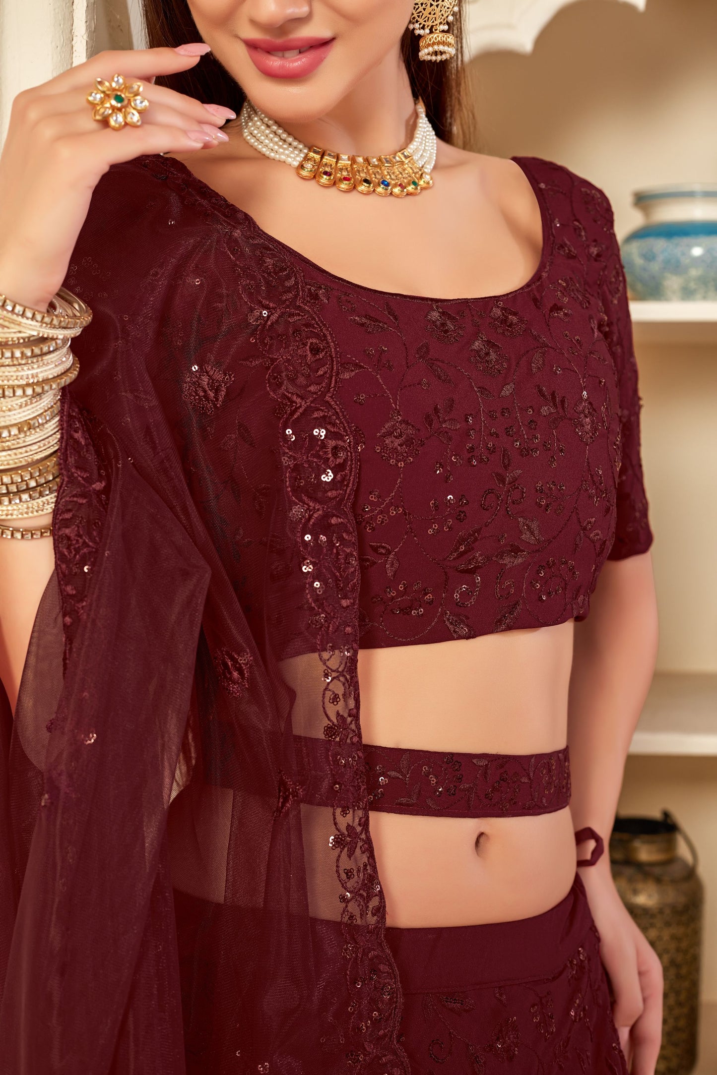 Maroon Georgette Partywear Lehenga Set