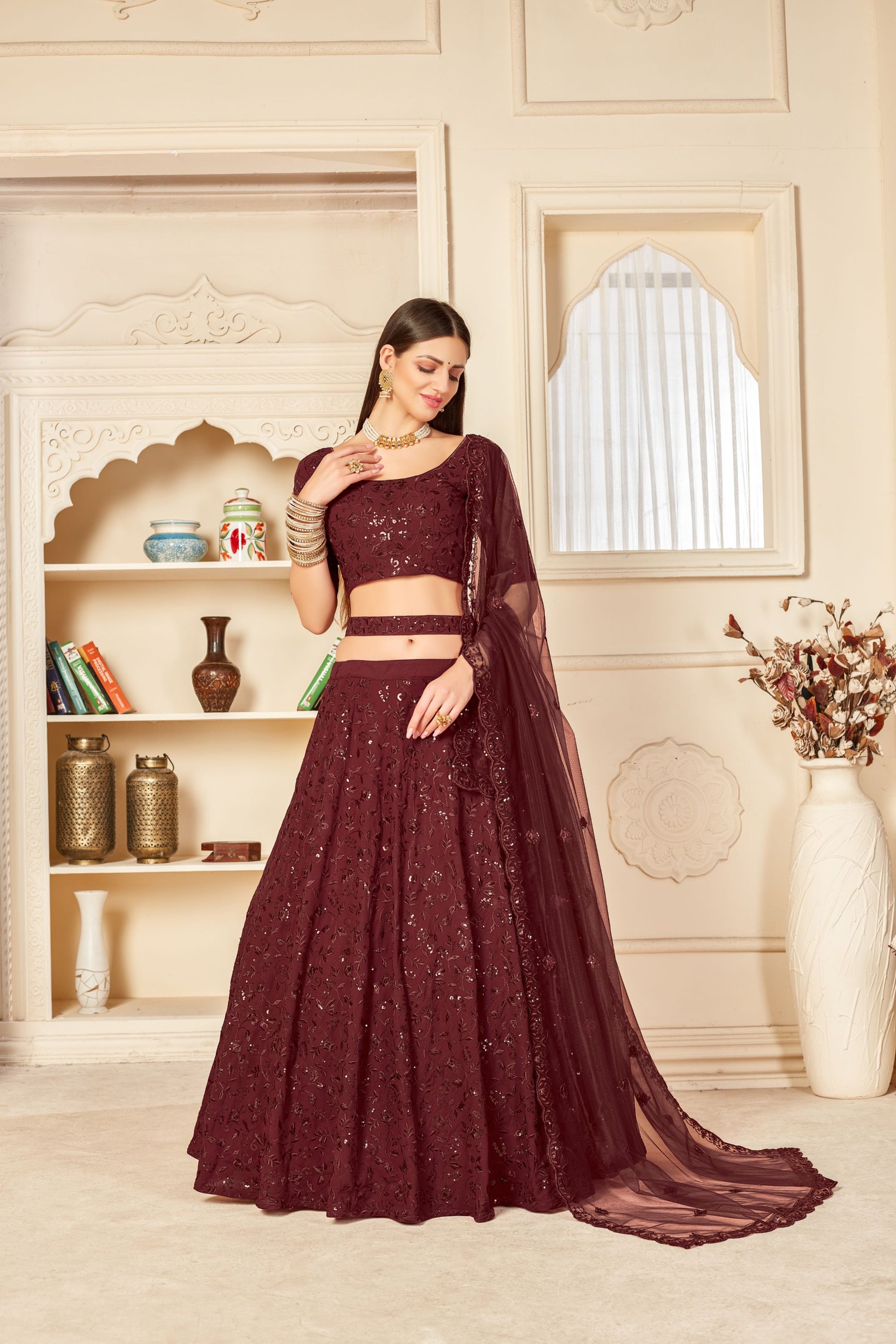 Maroon Georgette Partywear Lehenga Set