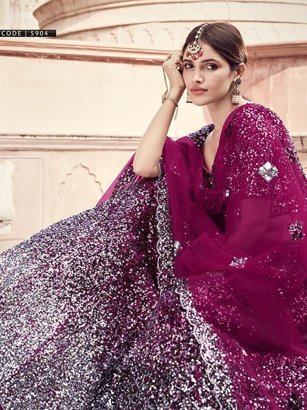    Wine Soft Net Sequin Work Lehenga - Glamou  al