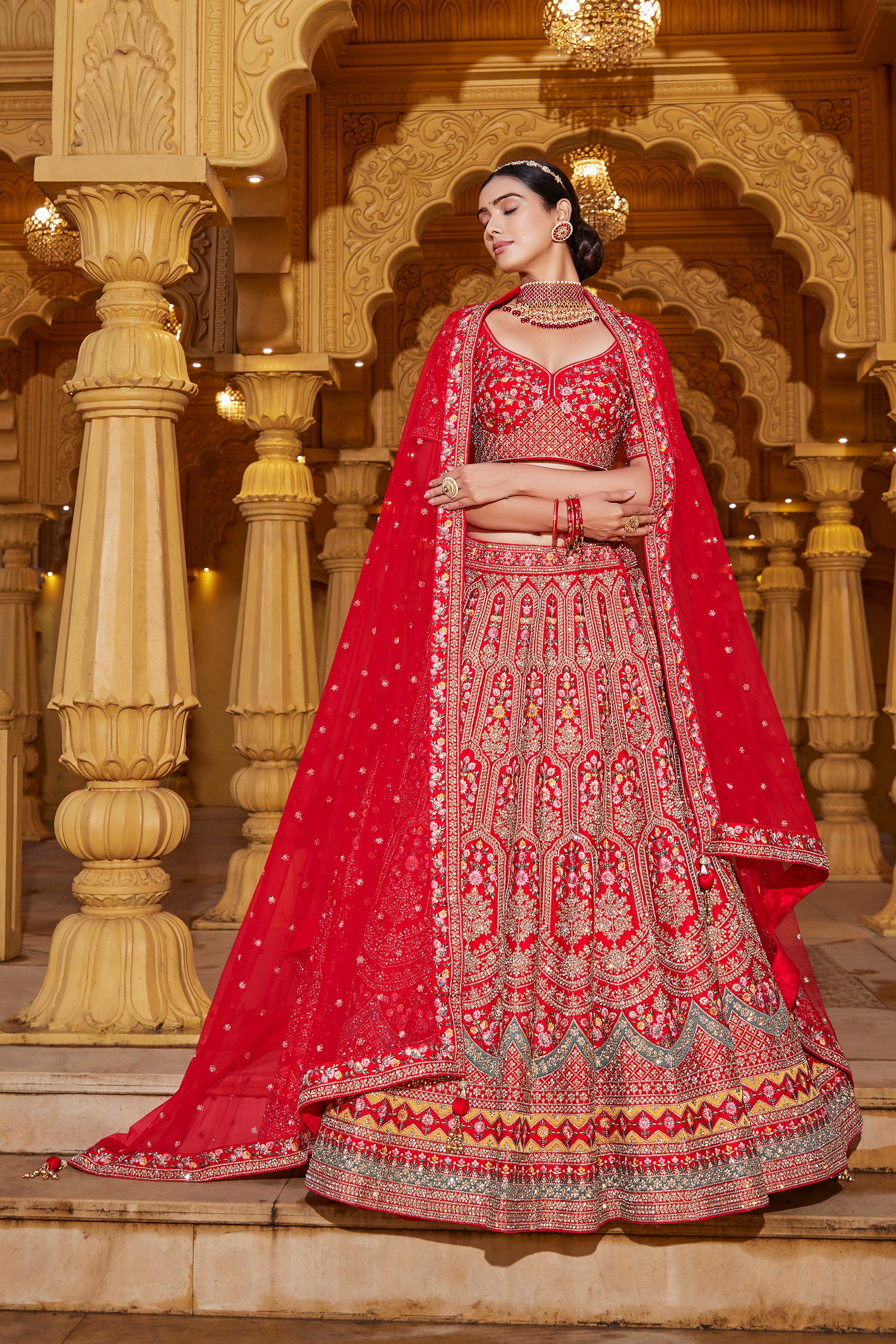 Shop Red Bandhej Printed Lehenga with Dupatta Online In USA – Pure Elegance