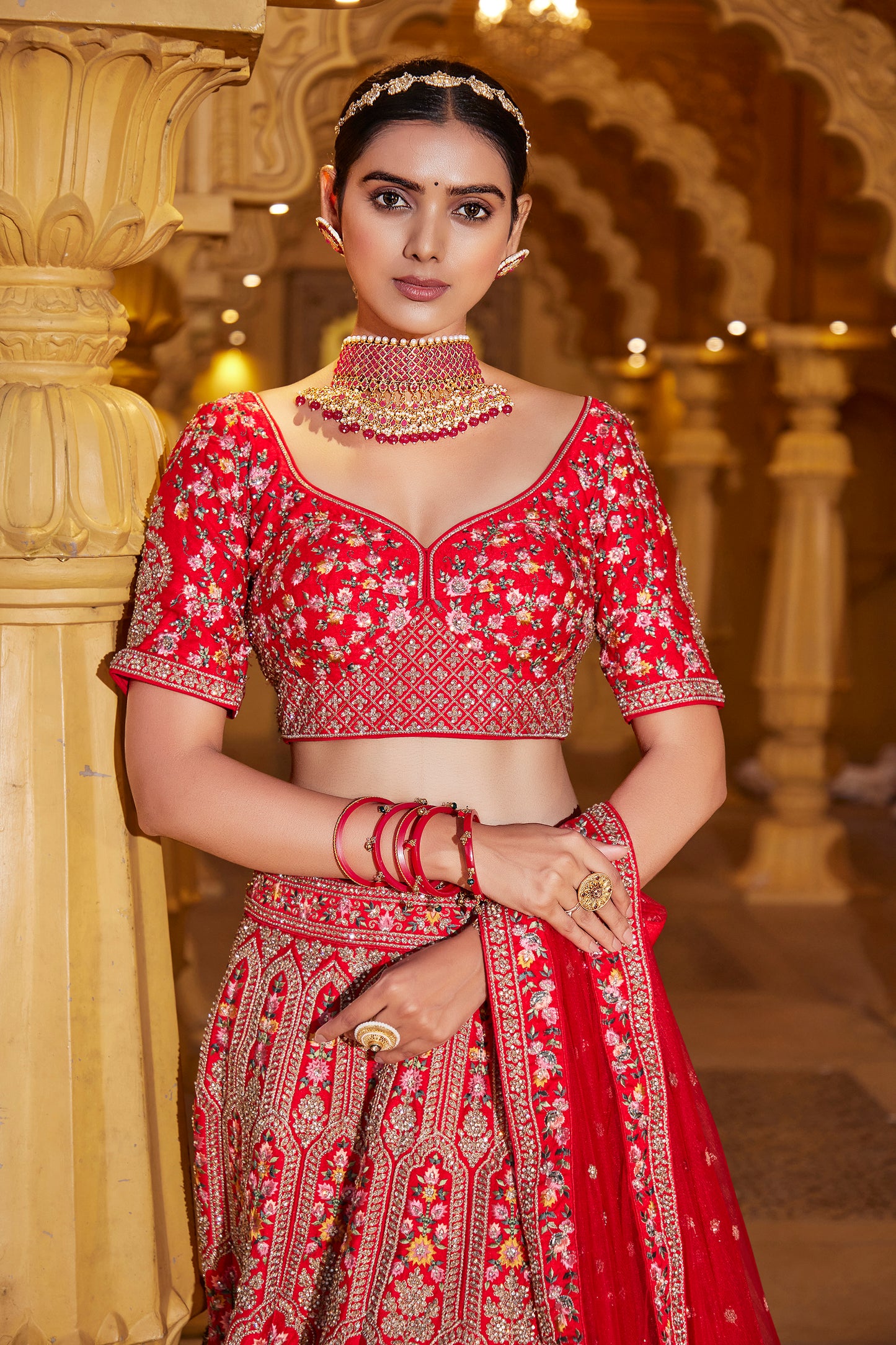 Dazzling Cherry Red Color Silk Bridal Lehenga