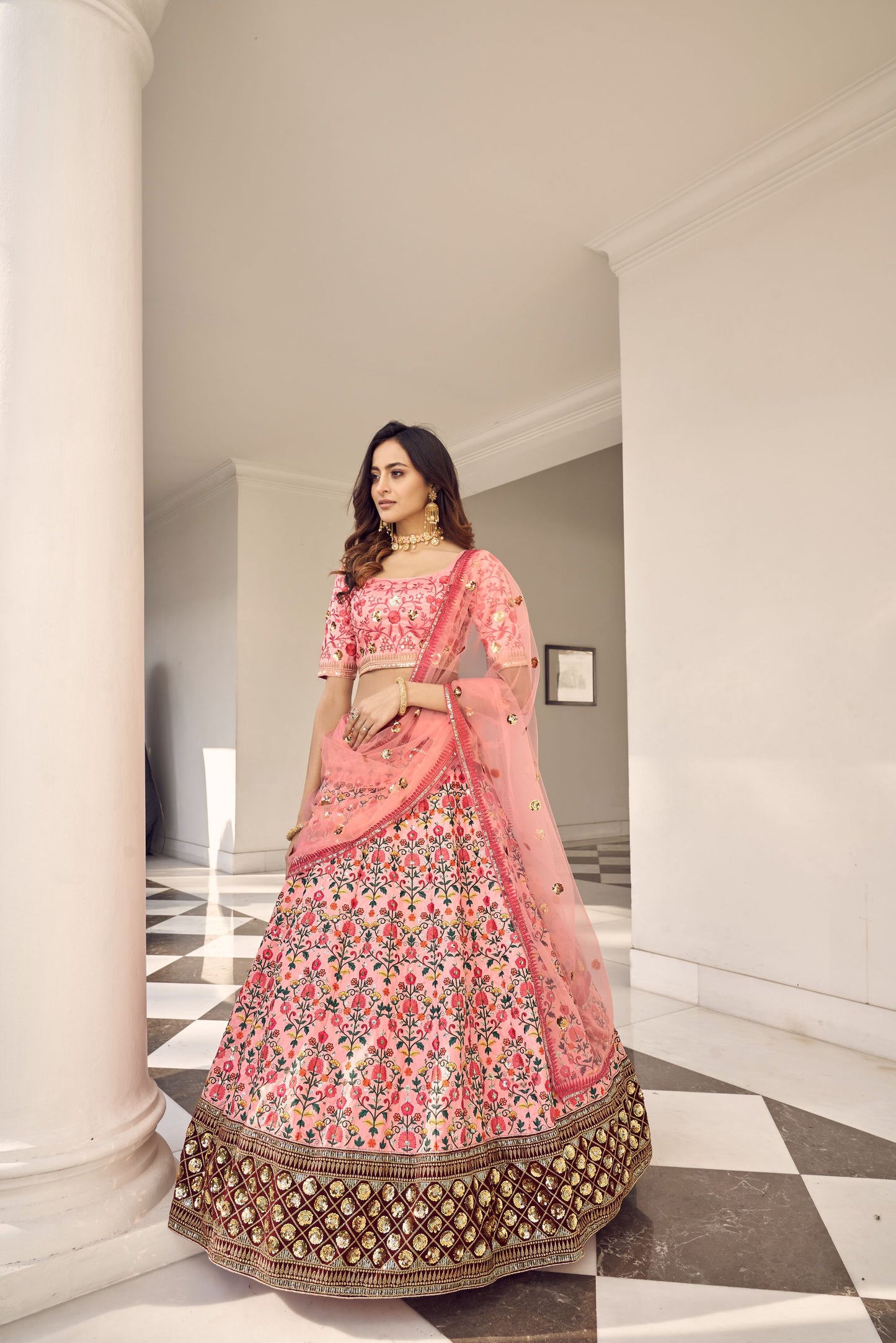 Pink Embroidery Silk Bridesmaid Lehenga 1916