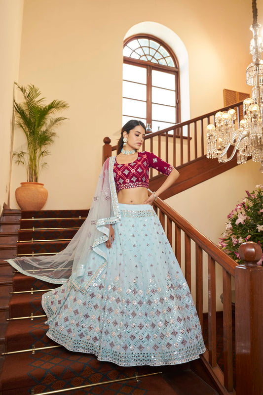 Sky Blue Embroidered Georgette Lehenga Choli for Bridesmaid 1942