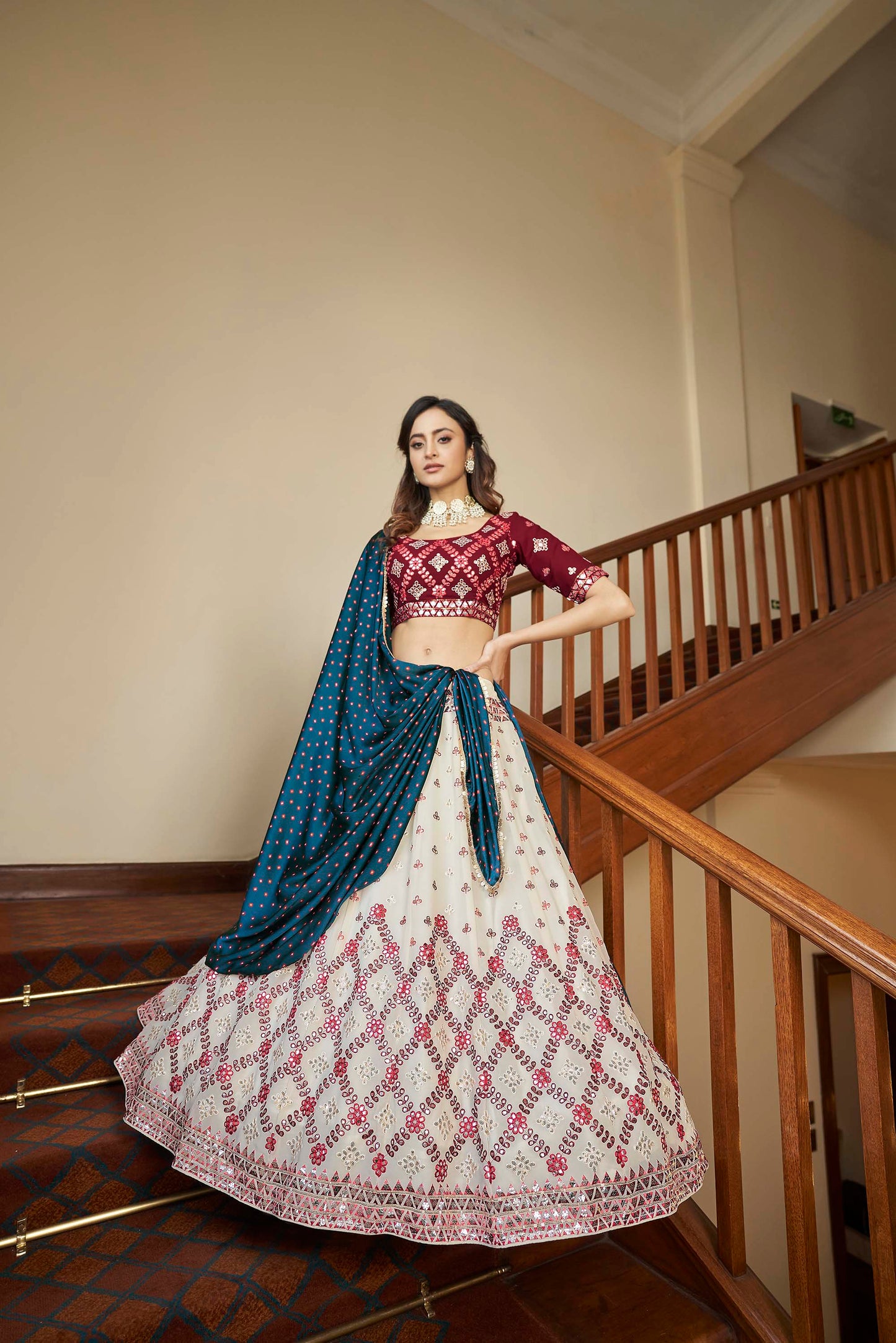 Beige and Maroon Gota Embroidered Lehenga Choli