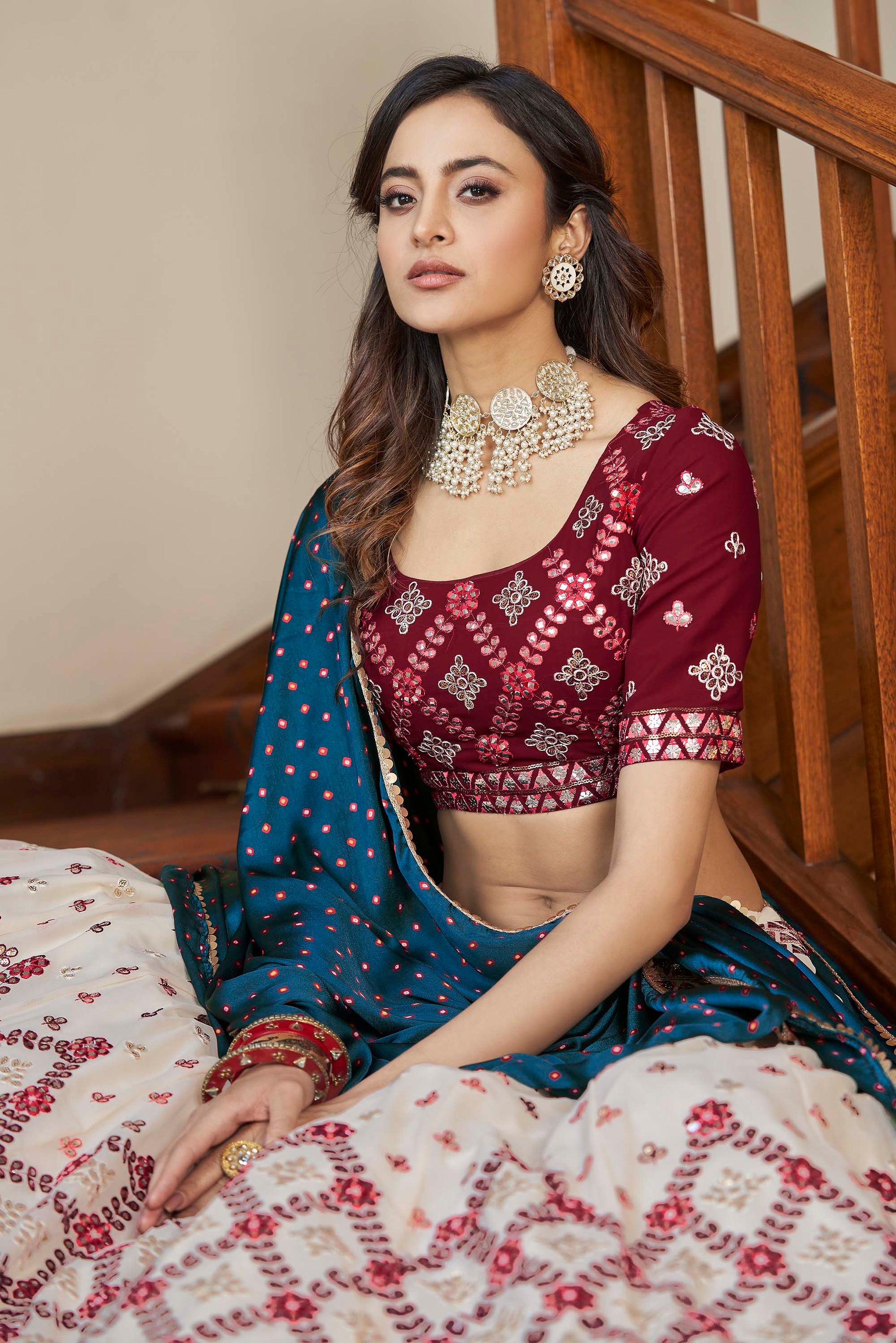 Beige and Maroon Gota Embroidered Lehenga Choli