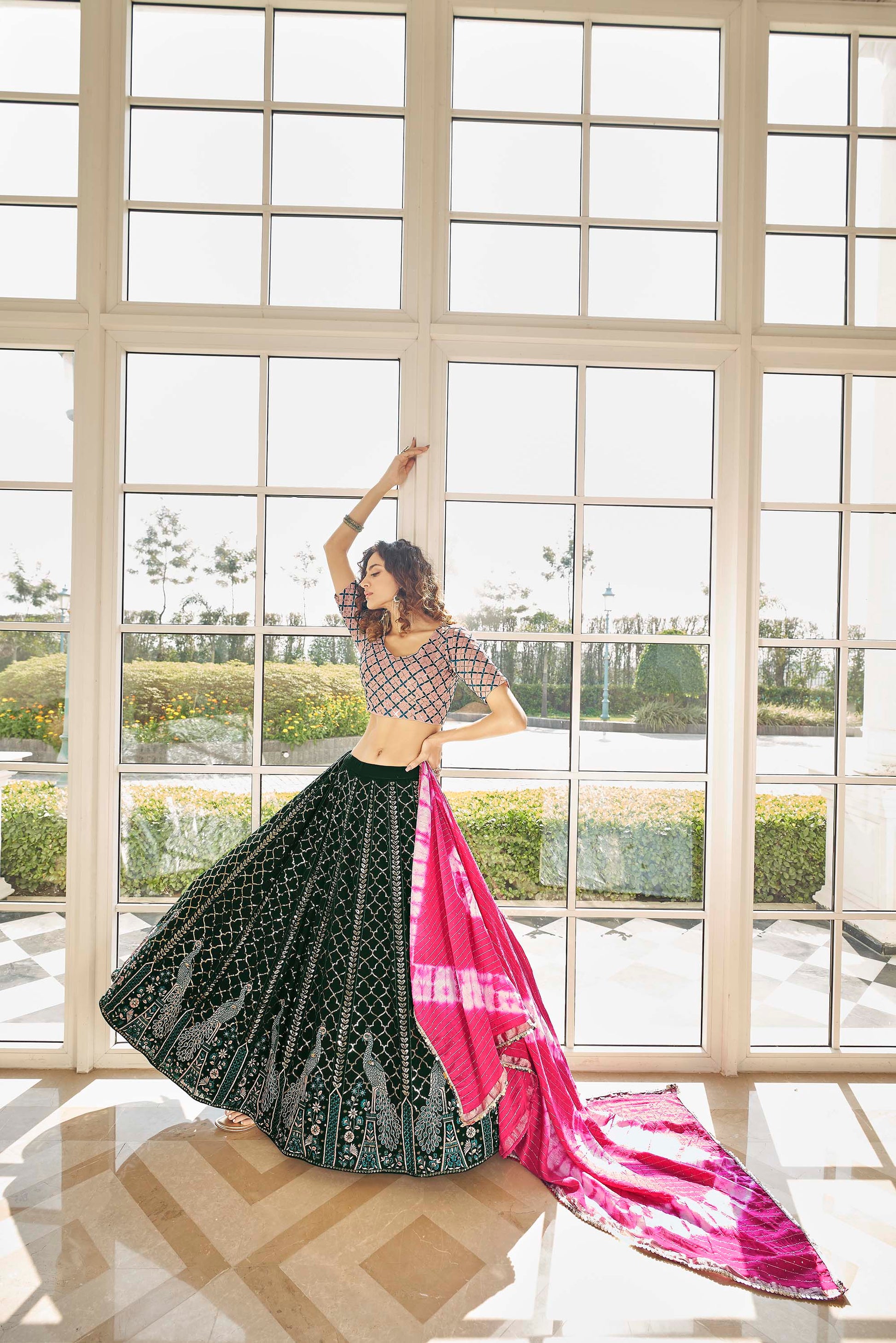 Marvelous Green and Pink Lehenga Choli for Mehendi