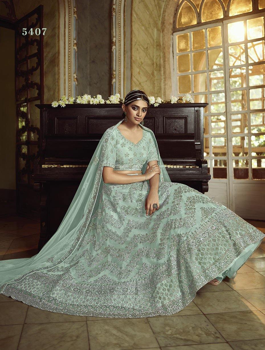 Sky Blue Fabric Bridal Lehenga Size    - Glamou  al