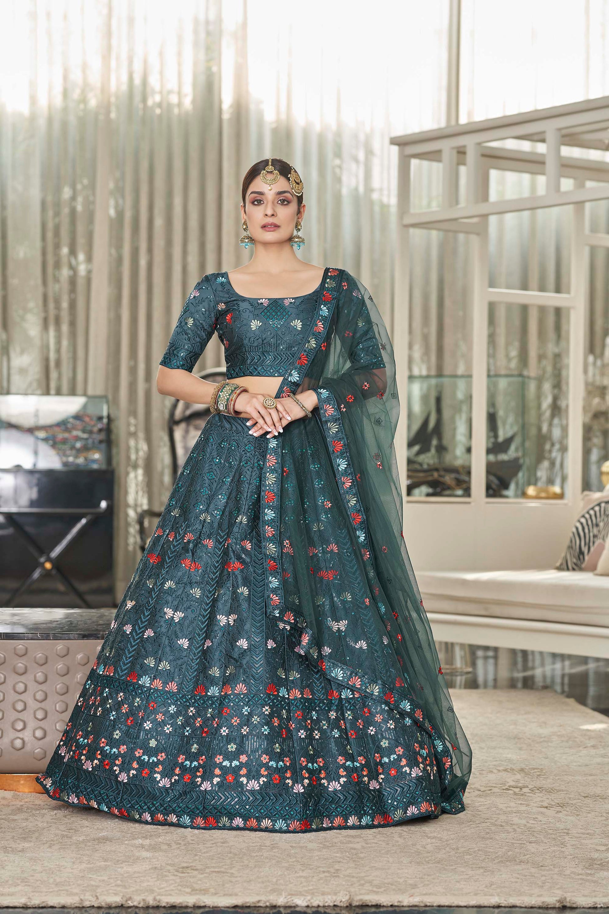 Marvelous  Teal Green  Color Artsilk Lehenga