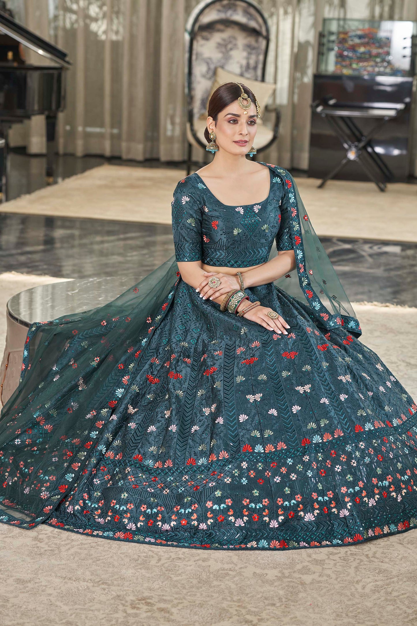 Marvelous  Teal Green  Color Artsilk Lehenga