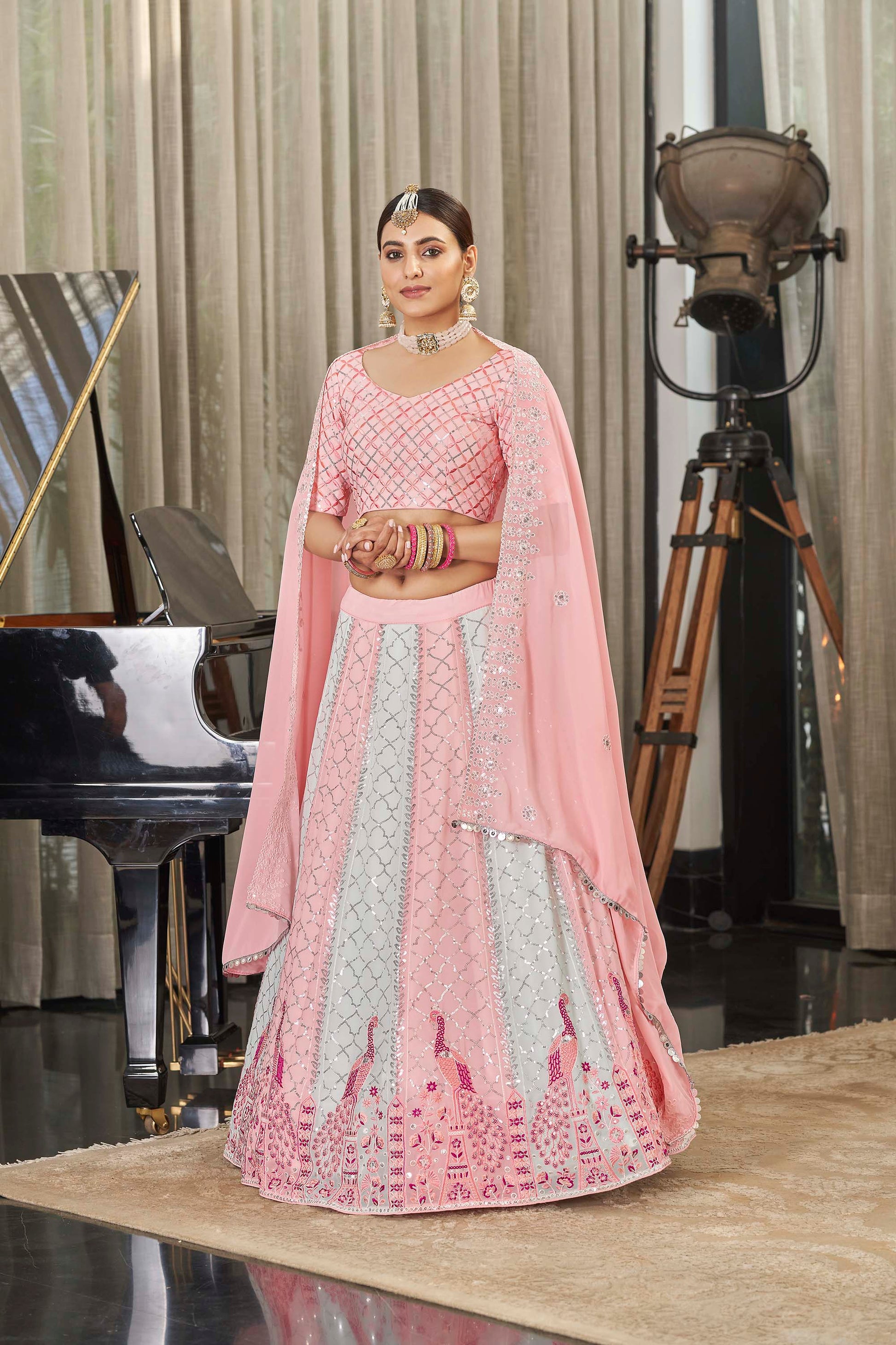 Glaring Pink Color Peacock Design Lehenga