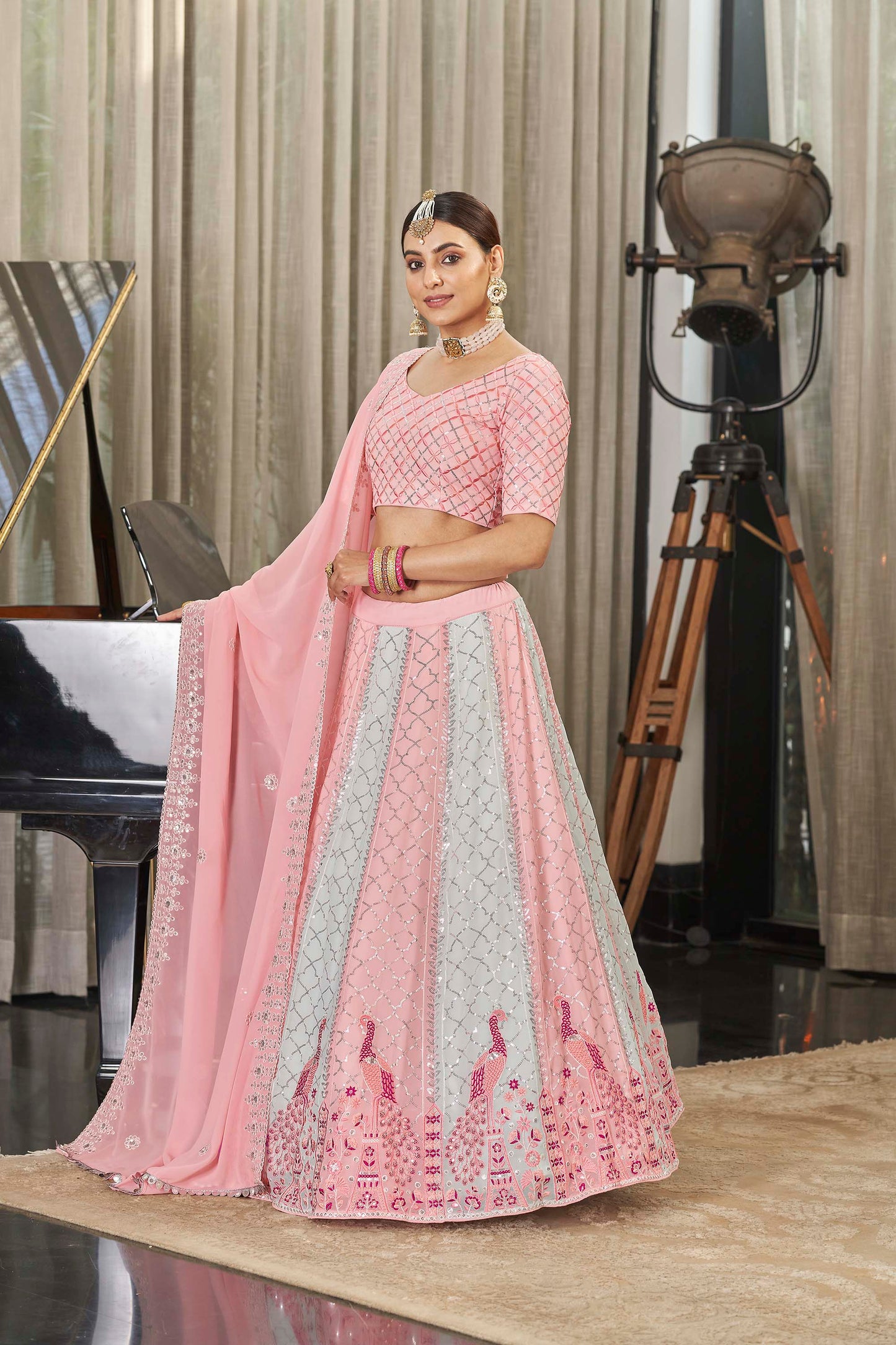 Glaring Pink Color Peacock Design Lehenga