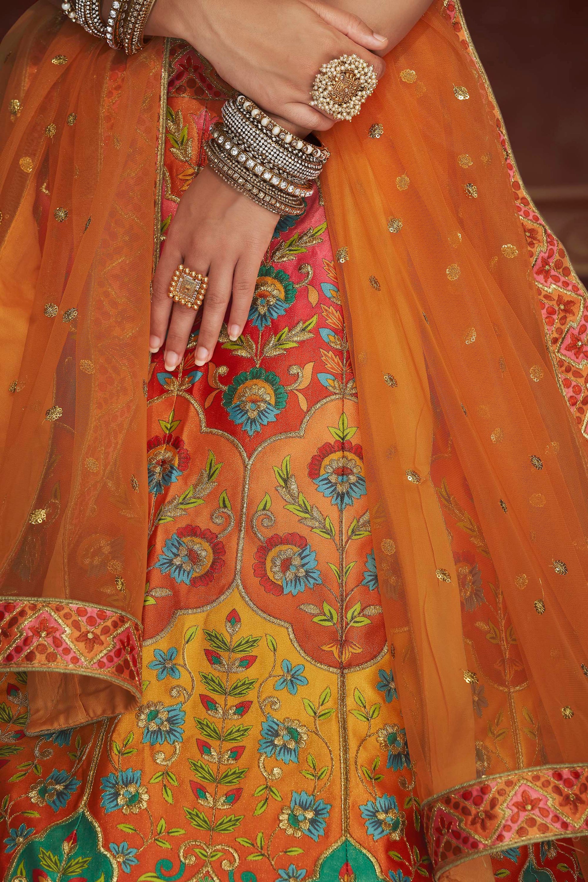 Orange Art Silk Printed Wedding Wear Lehenga