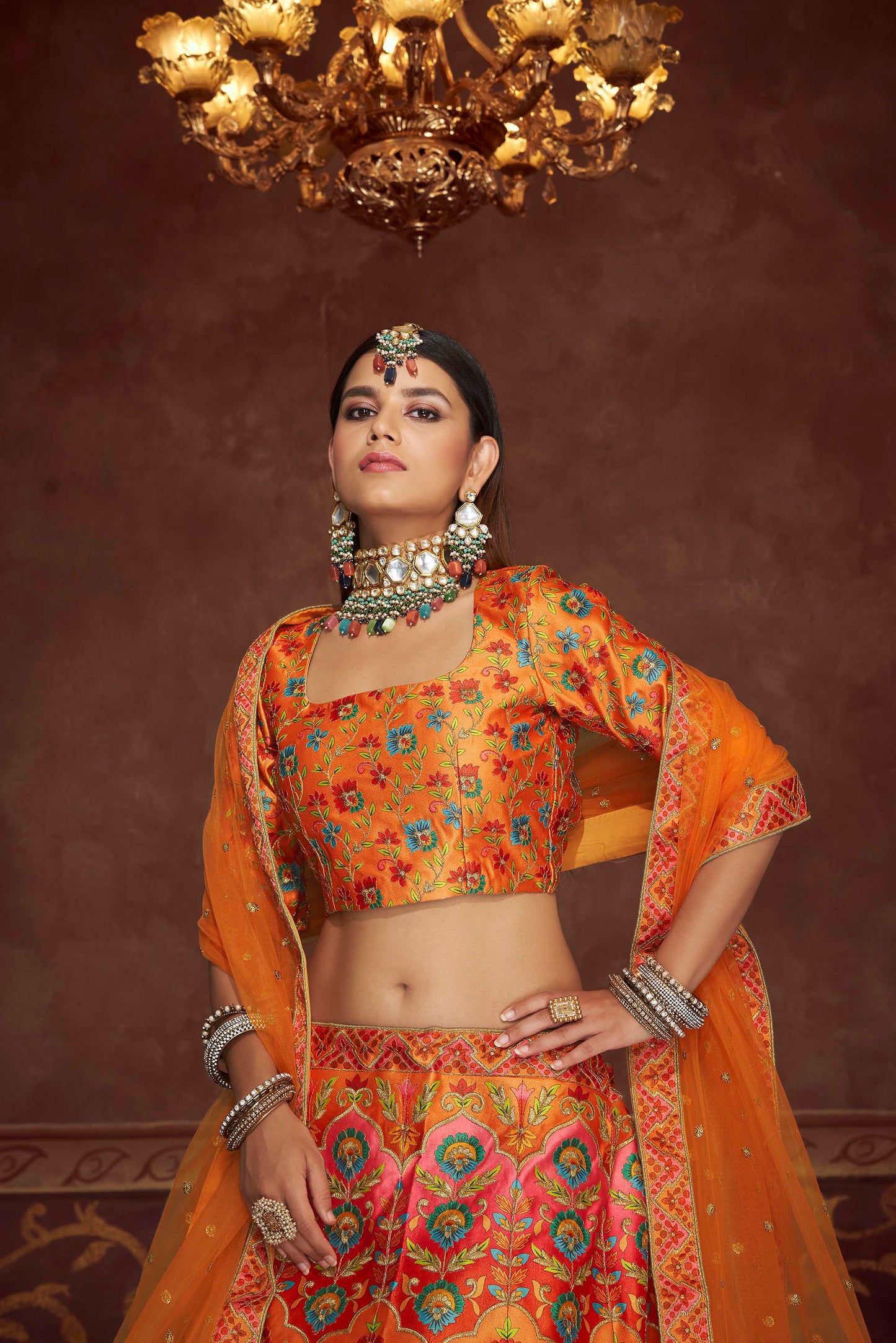 Orange Art Silk Printed Wedding Wear Lehenga