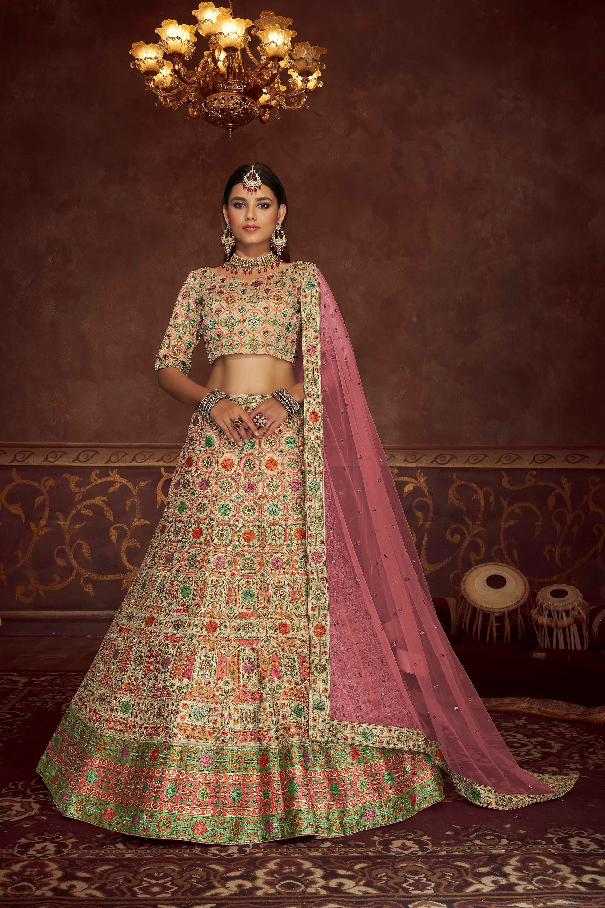 Beige Art Silk Embroidered Lehenga Choli