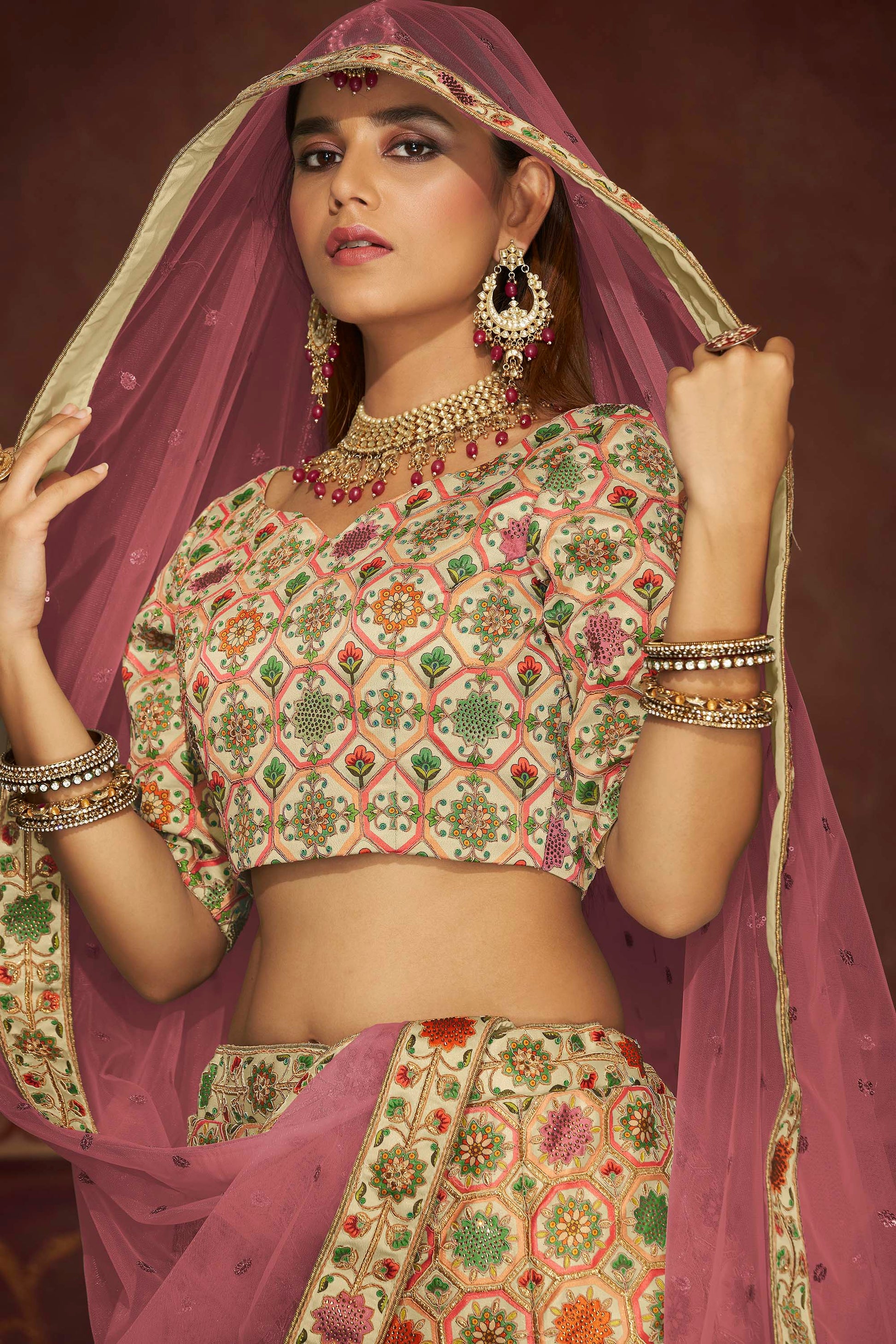 Beige Art Silk Embroidered Lehenga Choli