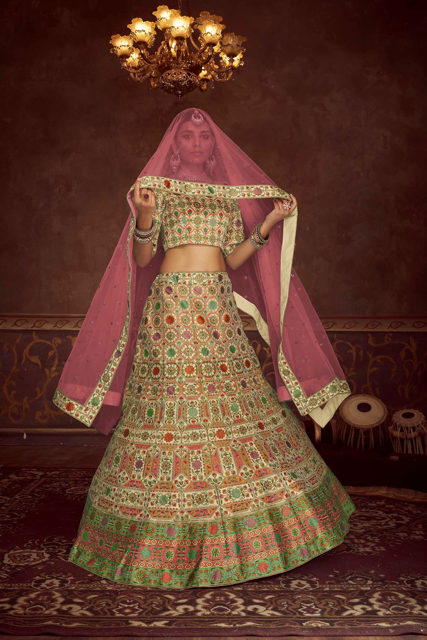 Beige Art Silk Embroidered Lehenga Choli