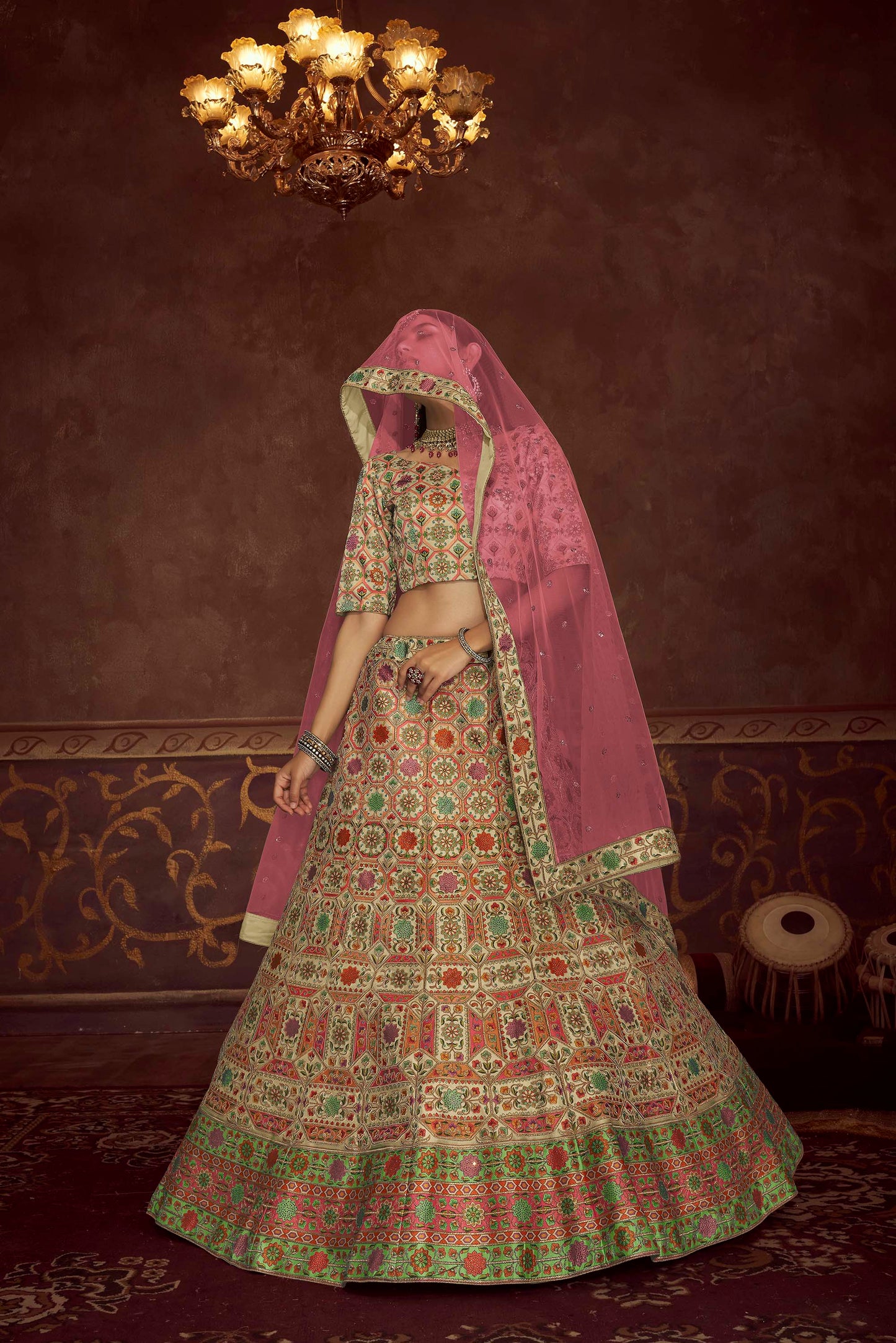 Beige Art Silk Embroidered Lehenga Choli