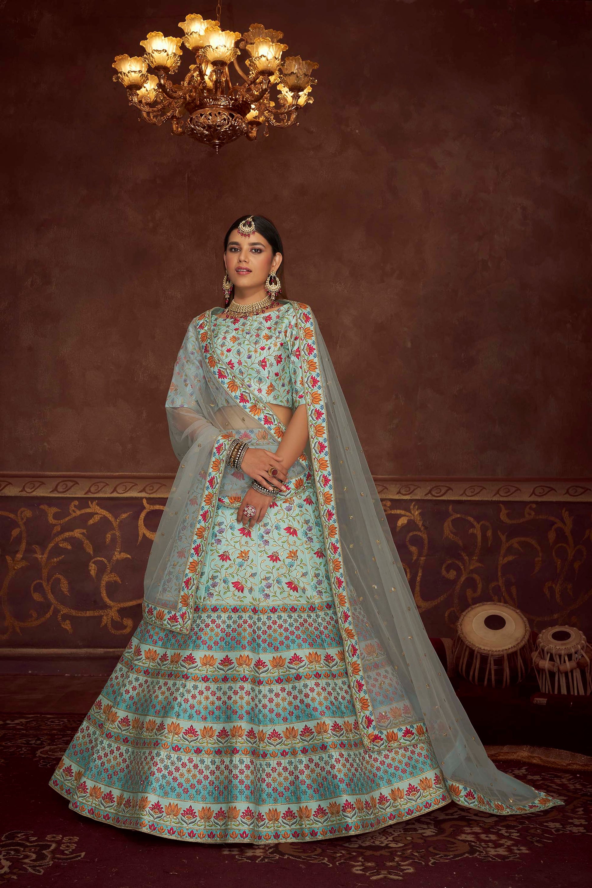 Sky Blue Multi Heavy Embroidered Art Silk Lehenga