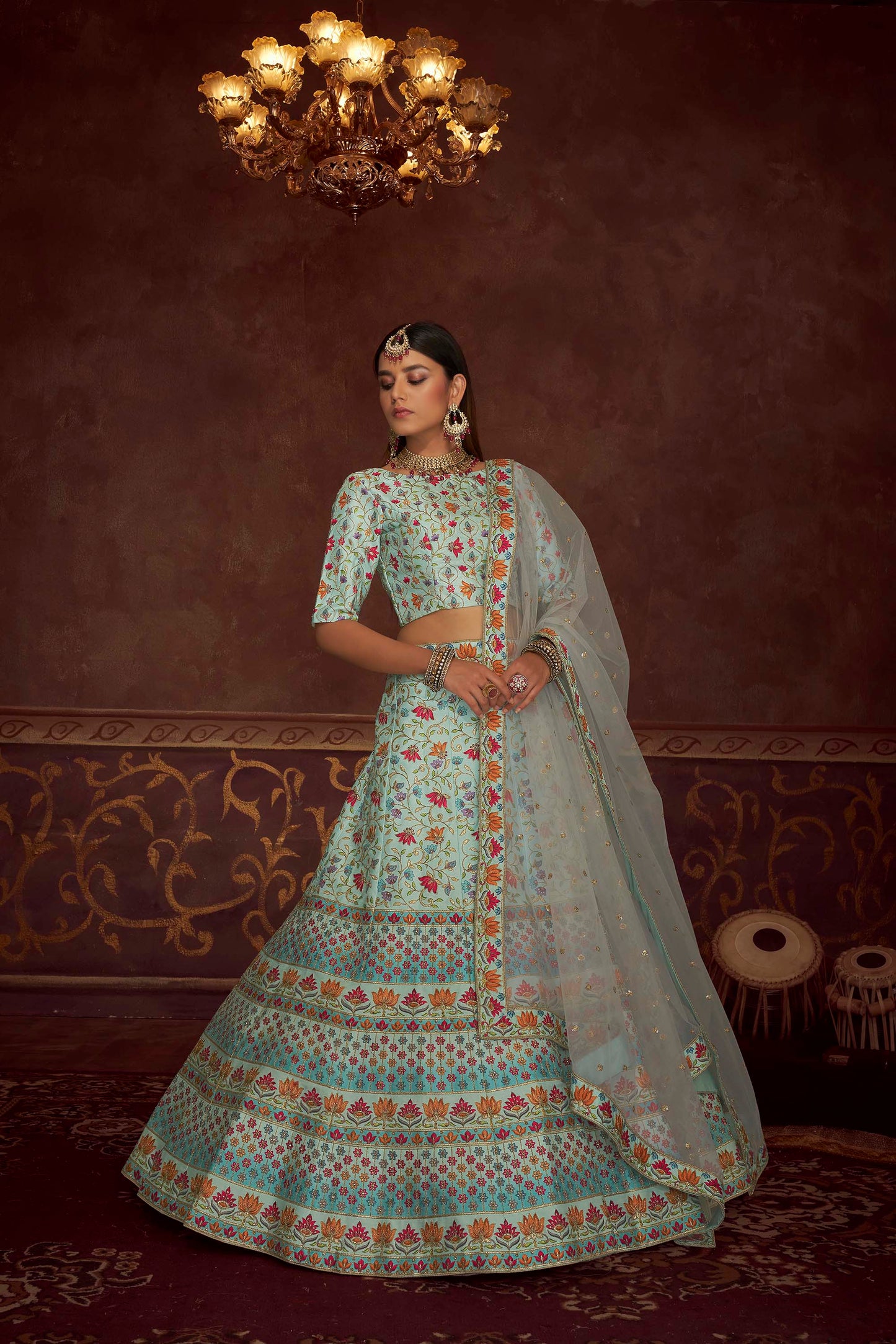 Sky Blue Multi Heavy Embroidered Art Silk Lehenga