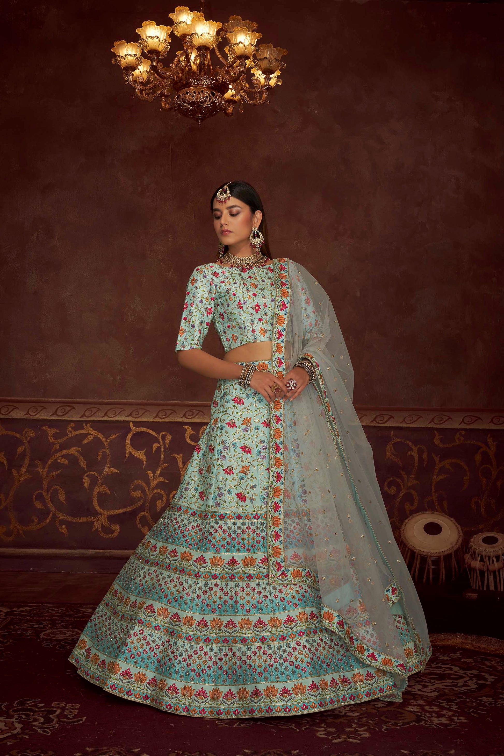 Sky Blue Multi Heavy Embroidered Art Silk Lehenga