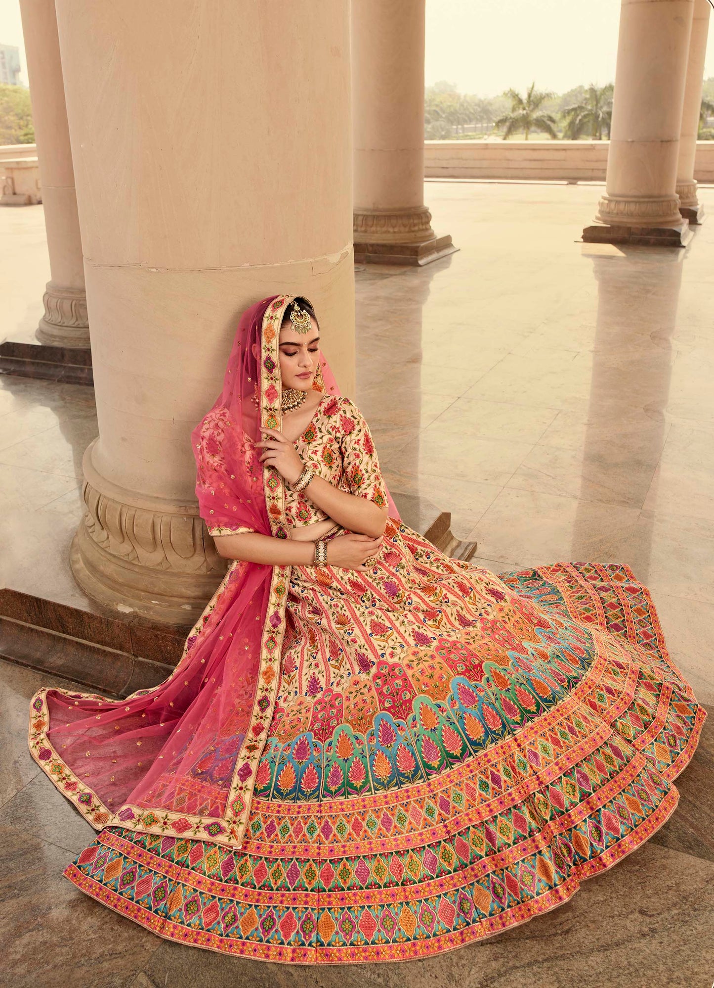 Beige and Pink Art Silk Printed Lehenga for Bridesmaid 2031