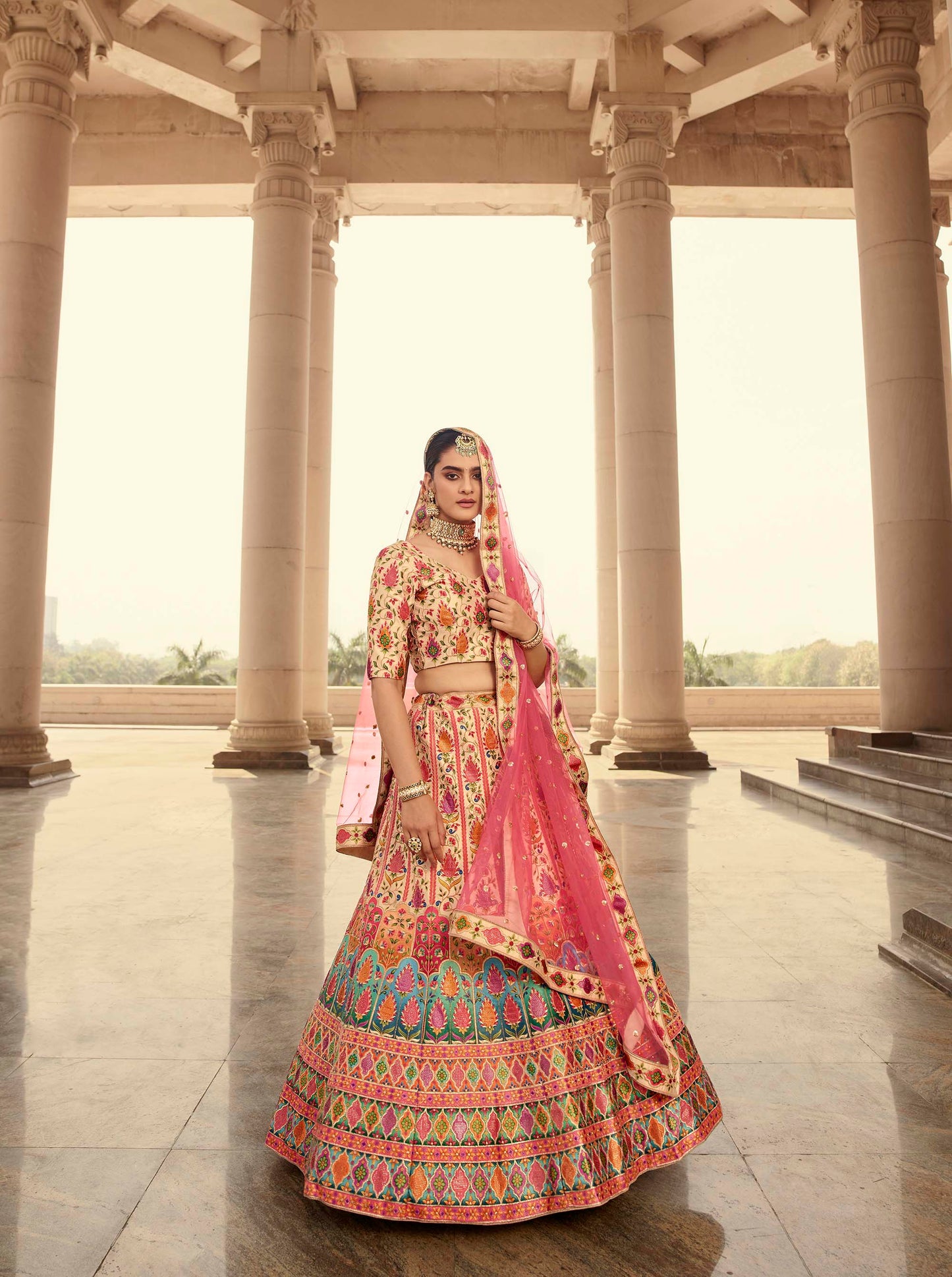 Beige and Pink Art Silk Printed Lehenga for Bridesmaid 2031