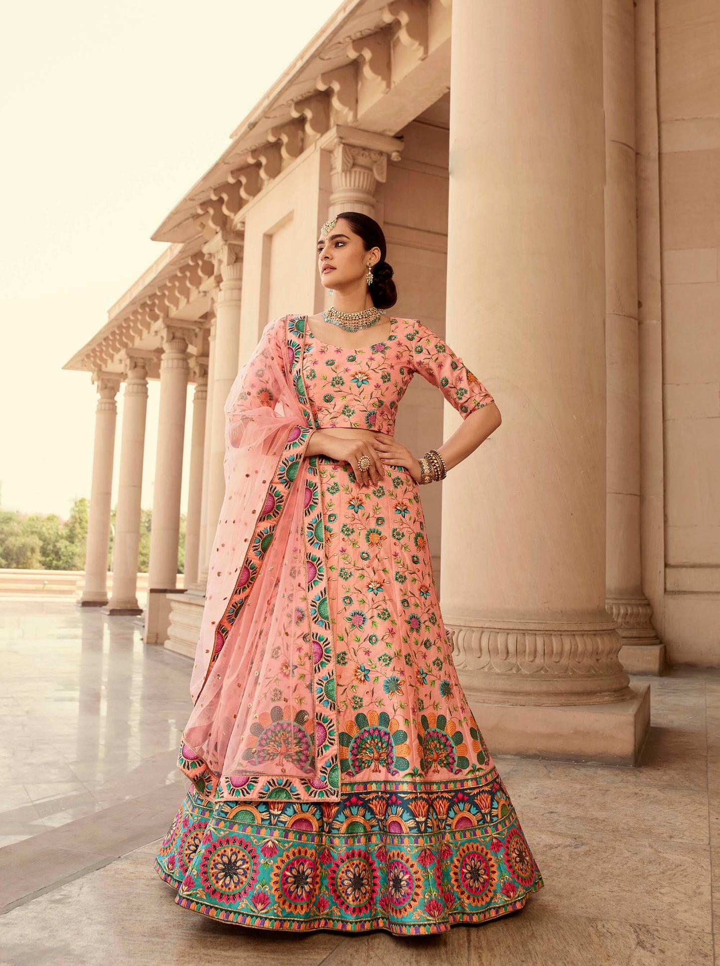 Peach Multicolored Embroidered Lehenga Choli