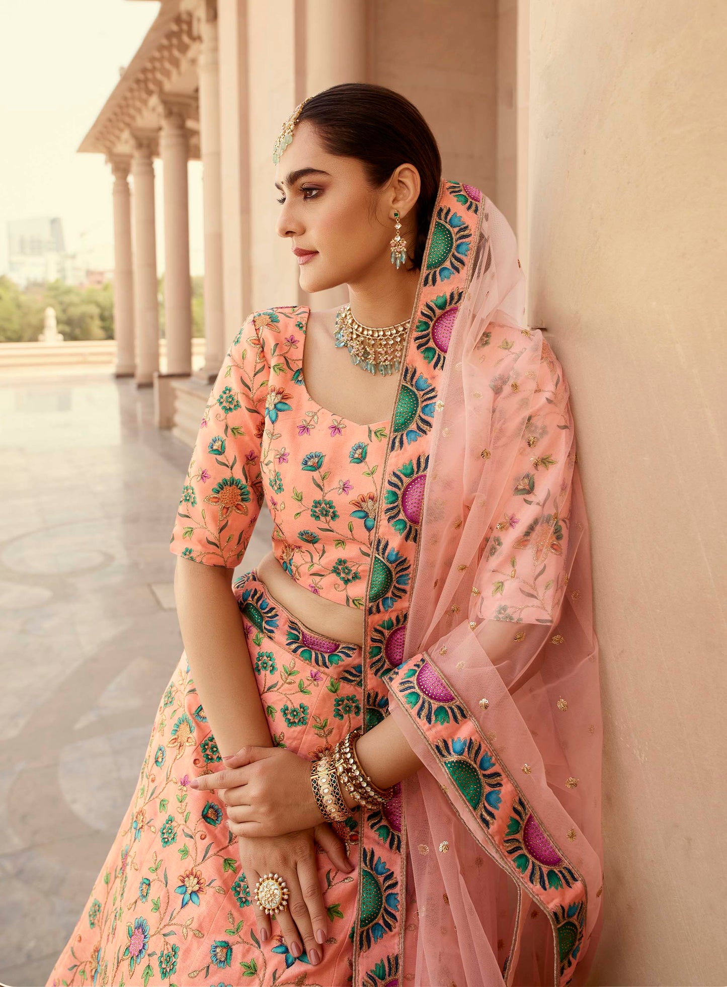 Peach Multicolored Embroidered Lehenga Choli