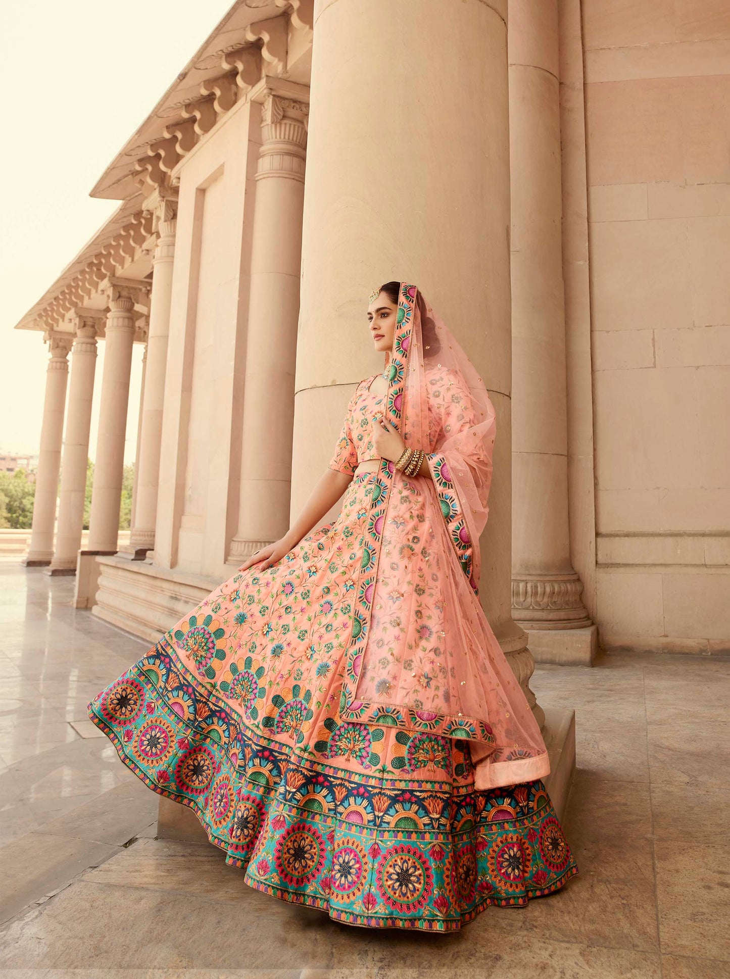 Peach Multicolored Embroidered Lehenga Choli