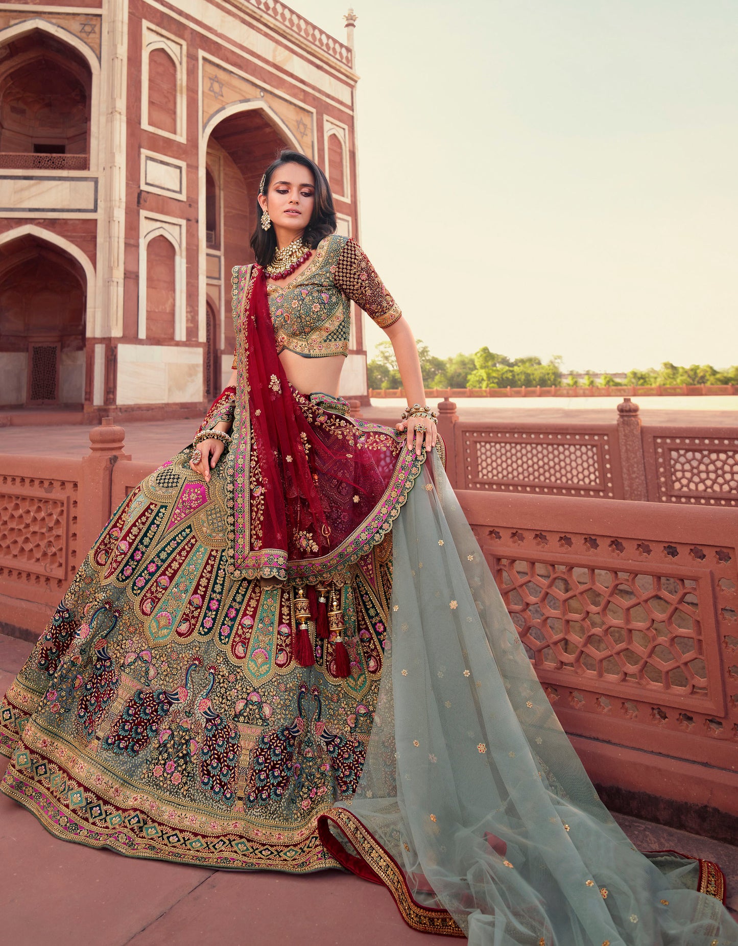 Exclusive Multicolor Grey Velvet Bridal Lehenga