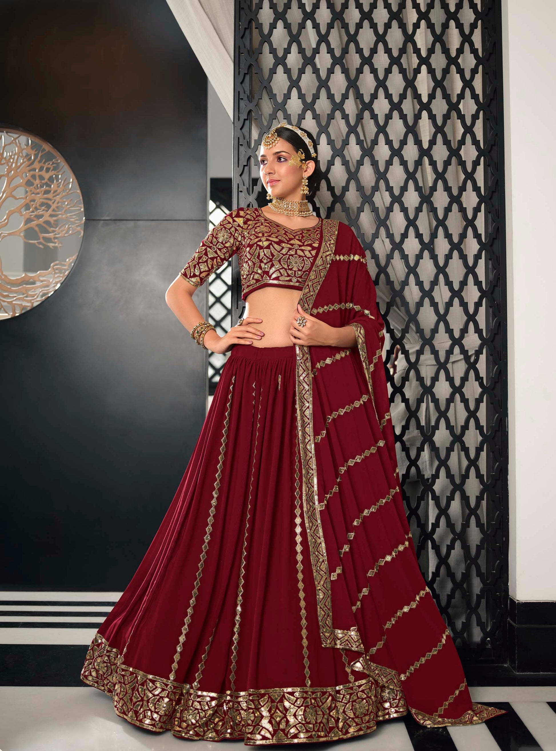 Splendid Maroon Color Sequins Work Lehenga