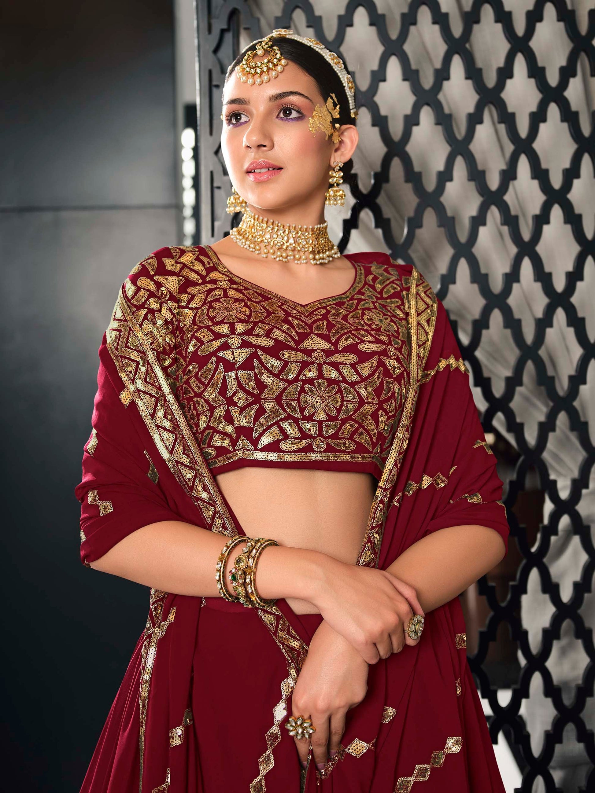 Splendid Maroon Color Sequins Work Lehenga