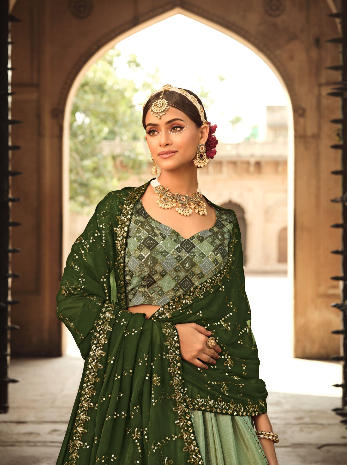 Green Sequins Work Silk Lehenga Choli for Mehendi 2163a