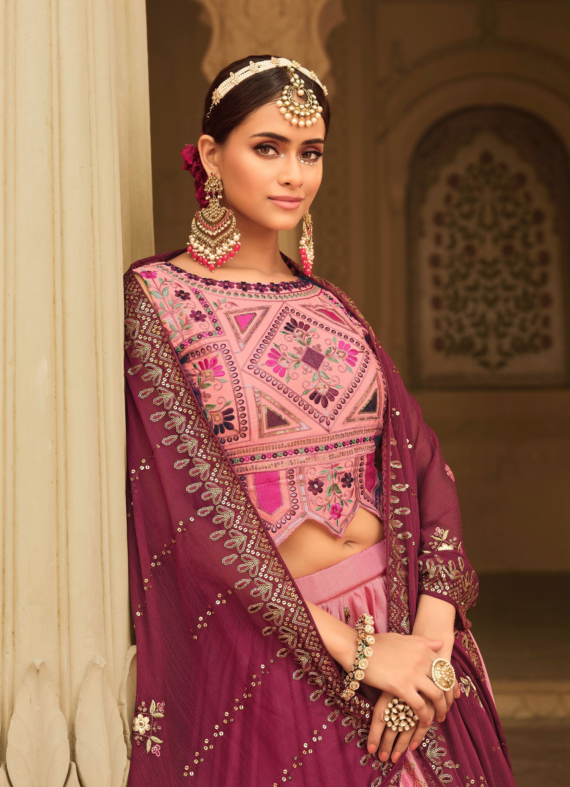 Pink Sequins Embroidery Lehenga for Wedding Guest 2161